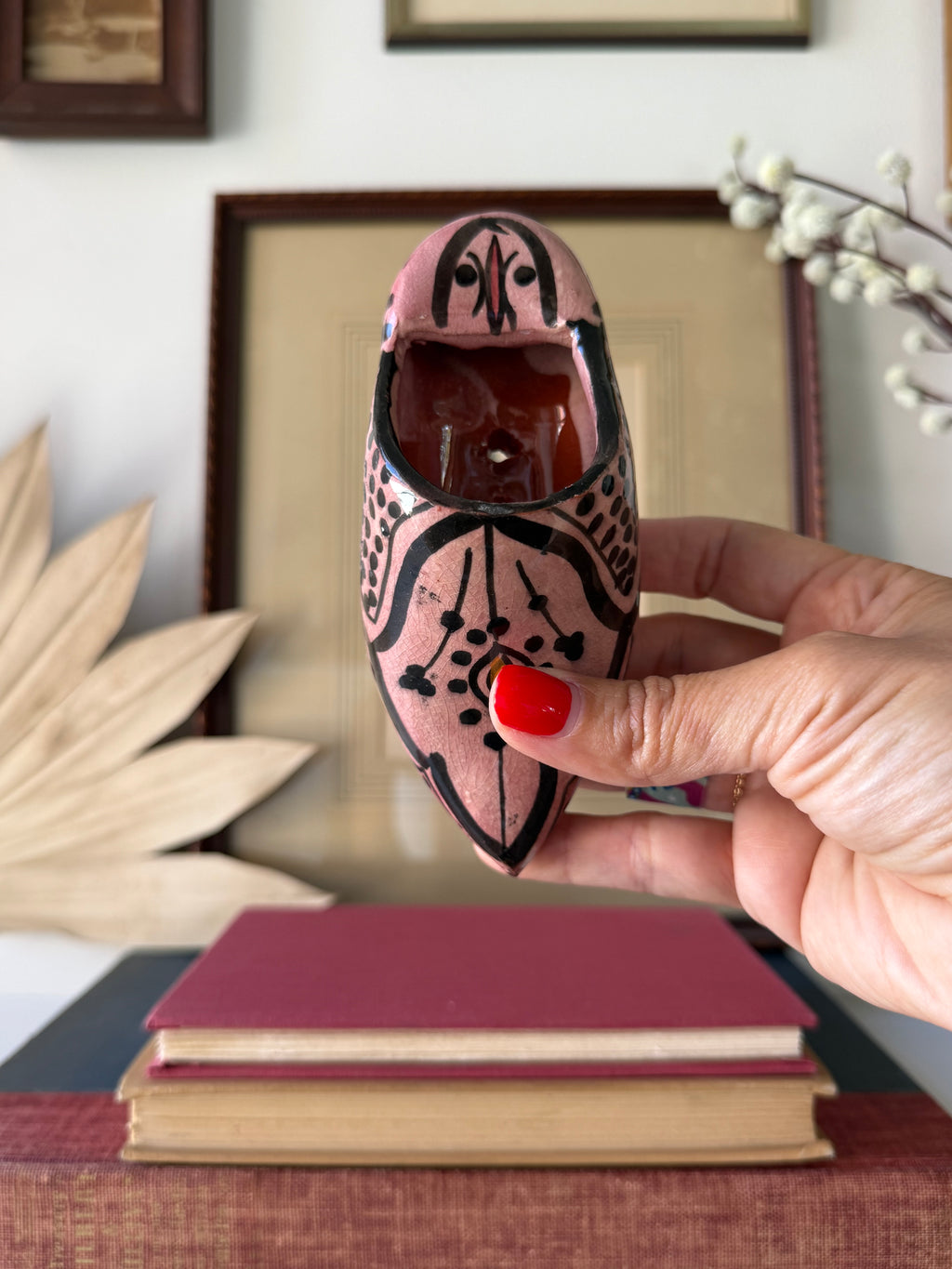 Vintage Moroccan Hand-Painted Ceramic Slipper Wall Pocket