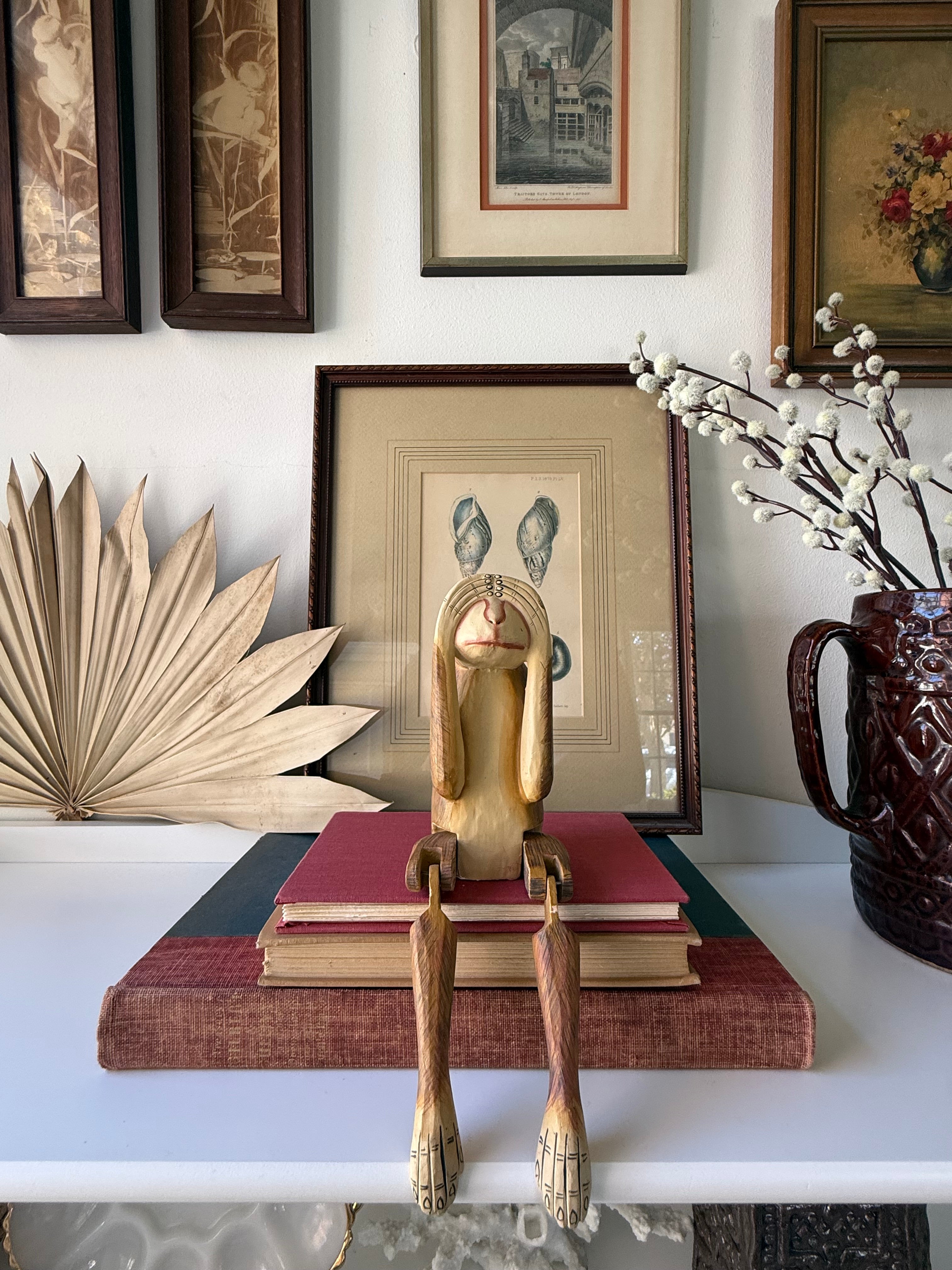 Vintage Hand-Painted Wood Monkey Shelf Sitter