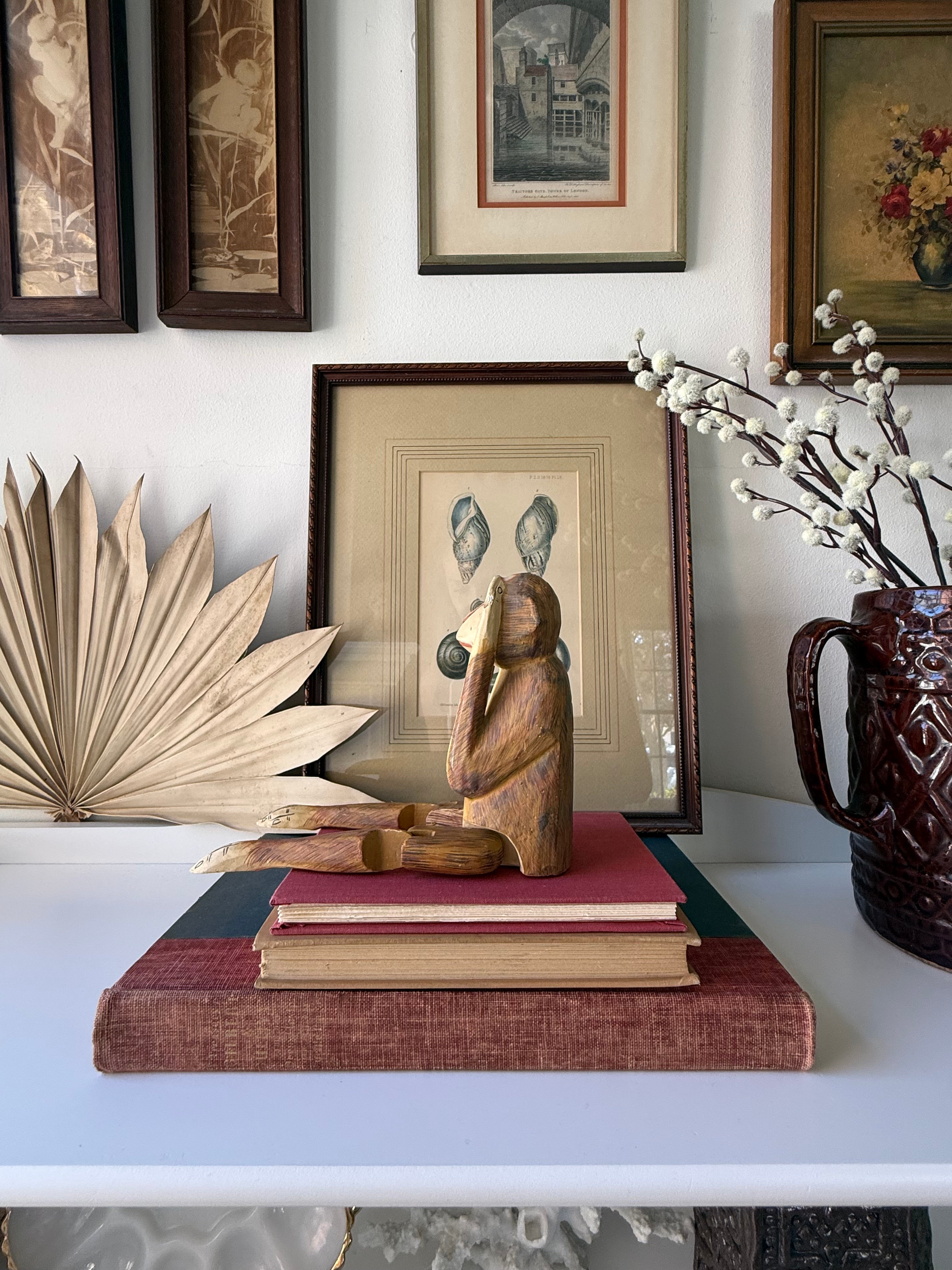 Vintage Hand-Painted Wood Monkey Shelf Sitter
