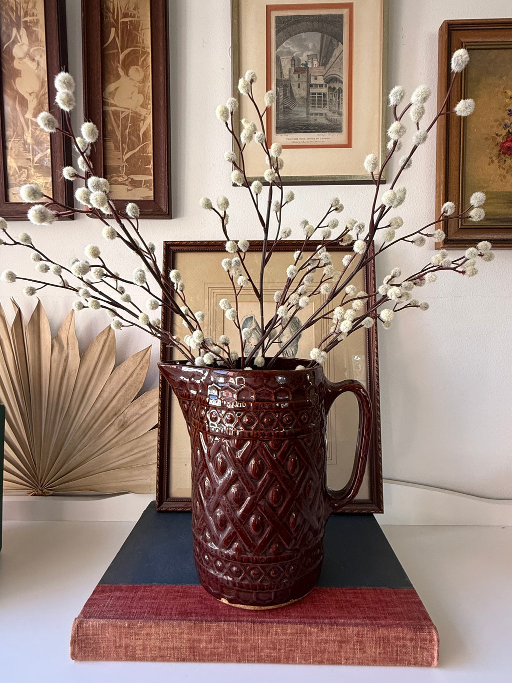 Vintage 1920s–1930s Hull Pottery No. 499 Brown Diamond Pattern Majolica Pitcher