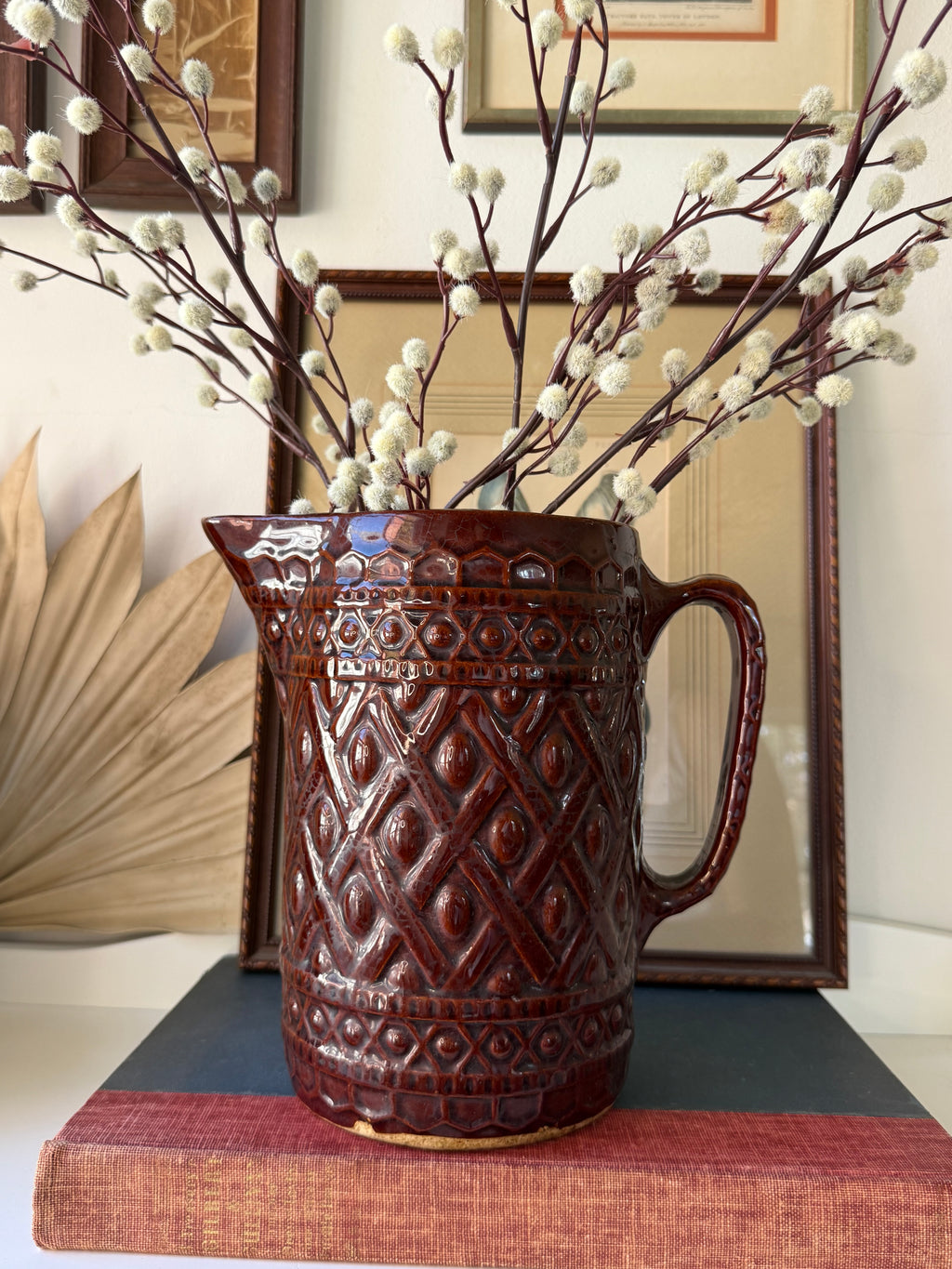 Vintage 1920s–1930s Hull Pottery No. 499 Brown Diamond Pattern Majolica Pitcher