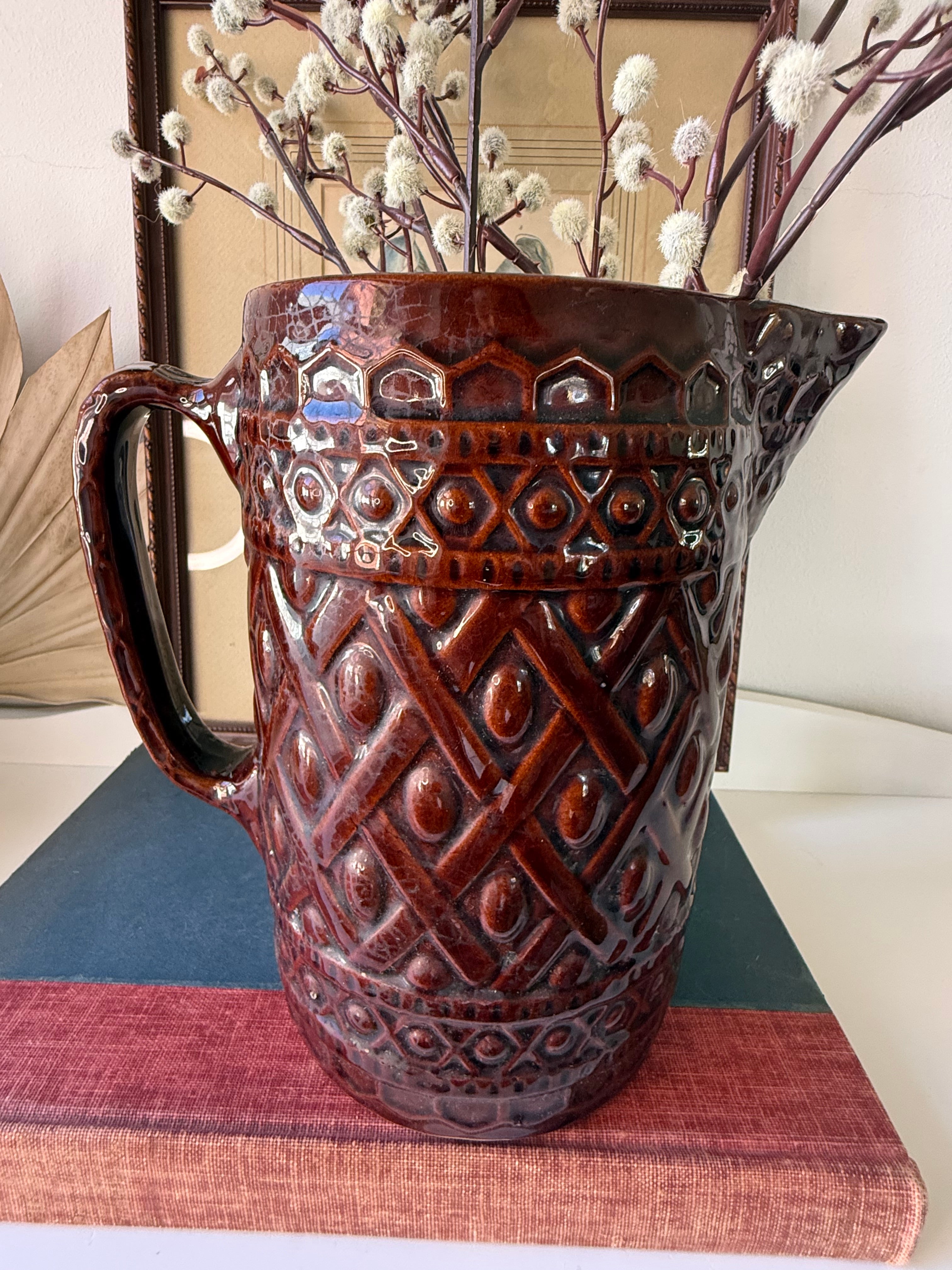 Vintage 1920s–1930s Hull Pottery No. 499 Brown Diamond Pattern Majolica Pitcher