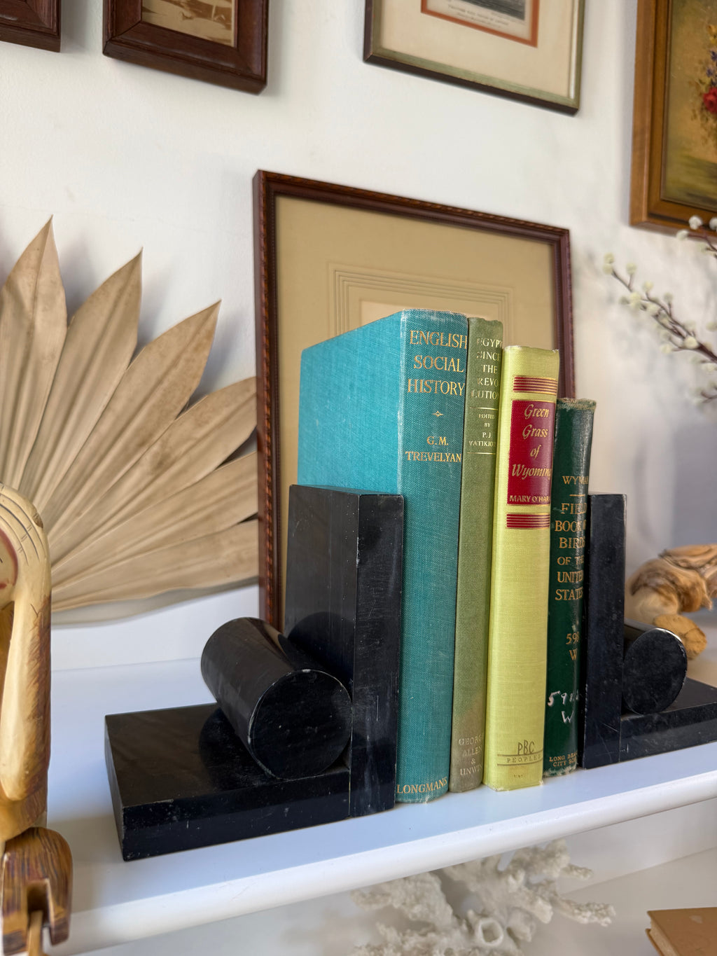 Vintage Postmodern Black Marble Geometric Bookends, Pair