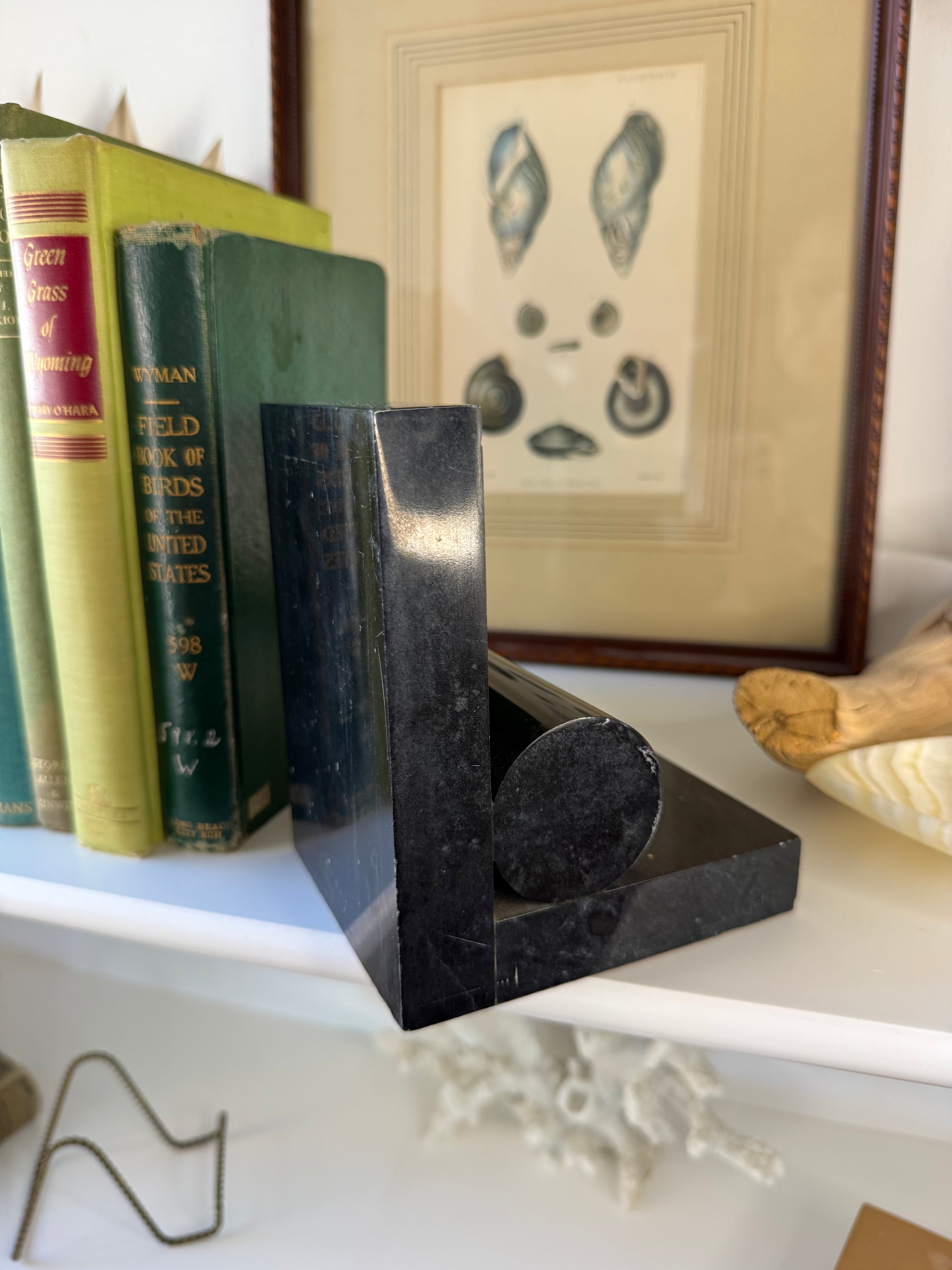 Vintage Postmodern Black Marble Geometric Bookends, Pair