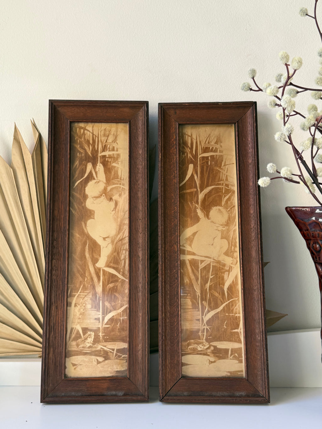 Vintage Framed Sepia Cherub Prints, Pair