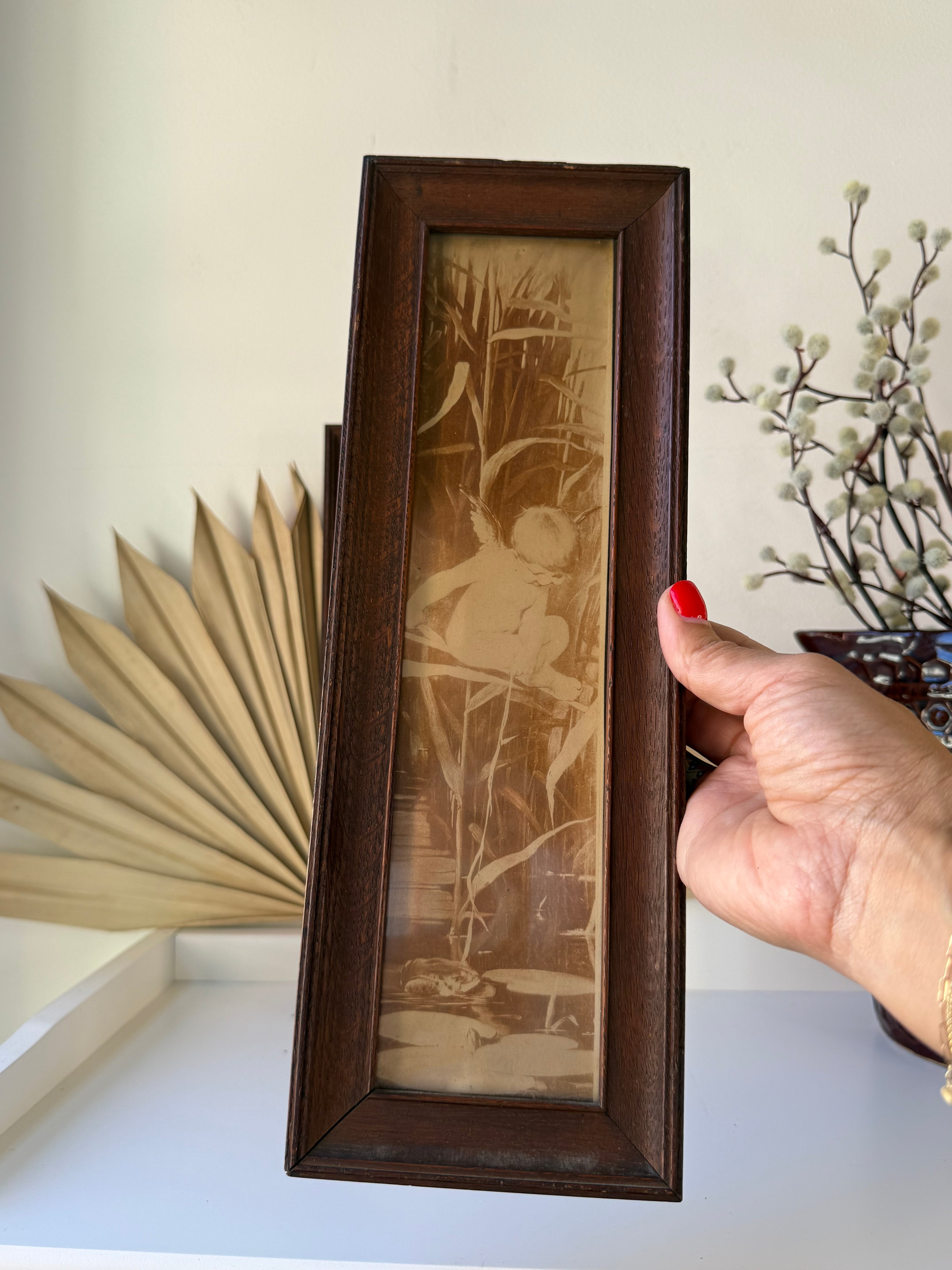 Vintage Framed Sepia Cherub Prints, Pair