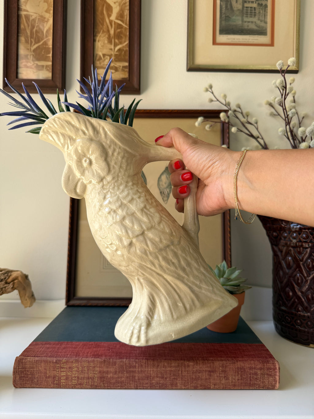 Vintage California Pottery No. 3555 Ivory Cockatoo Pitcher