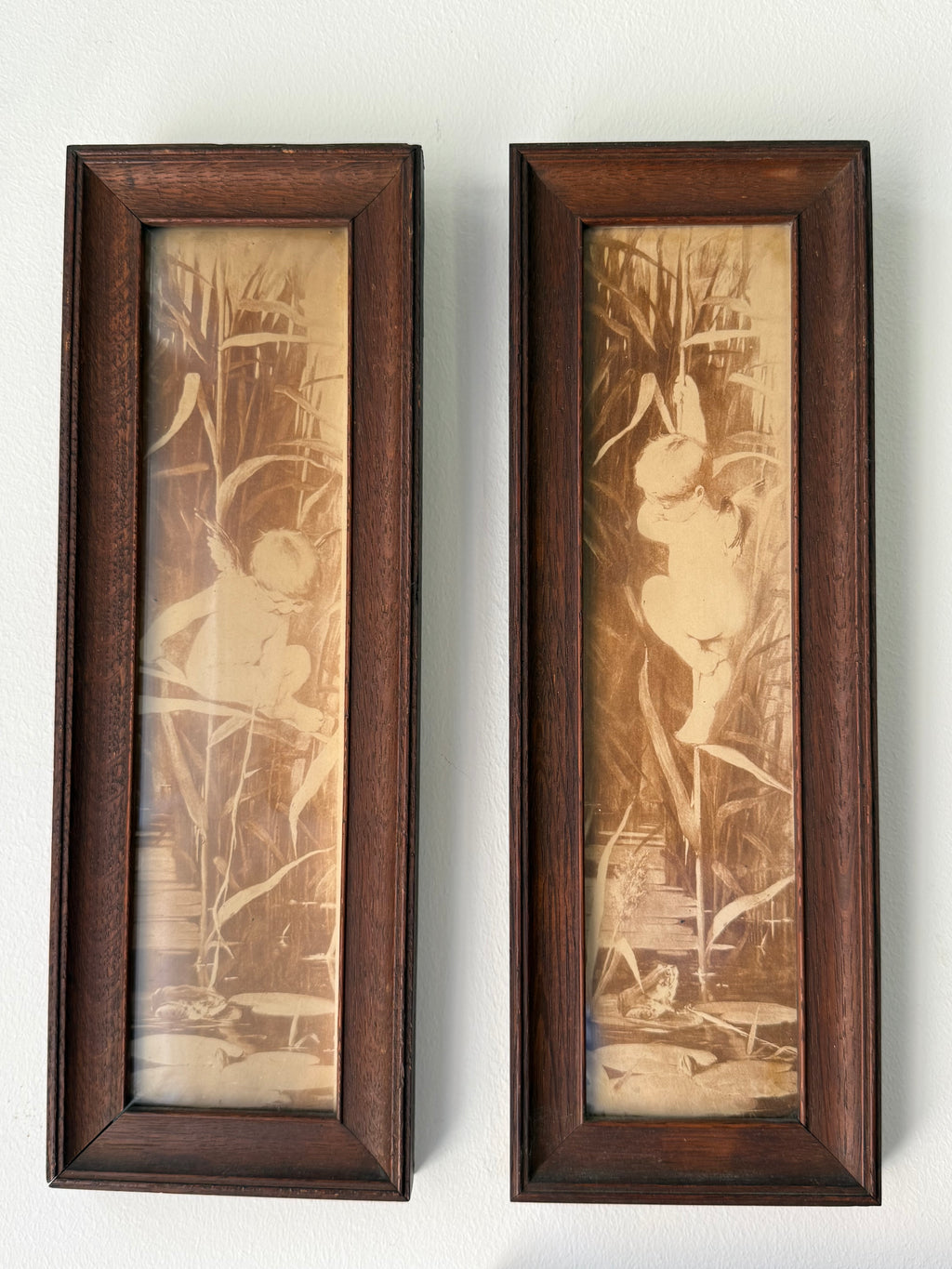 Vintage Framed Sepia Cherub Prints, Pair