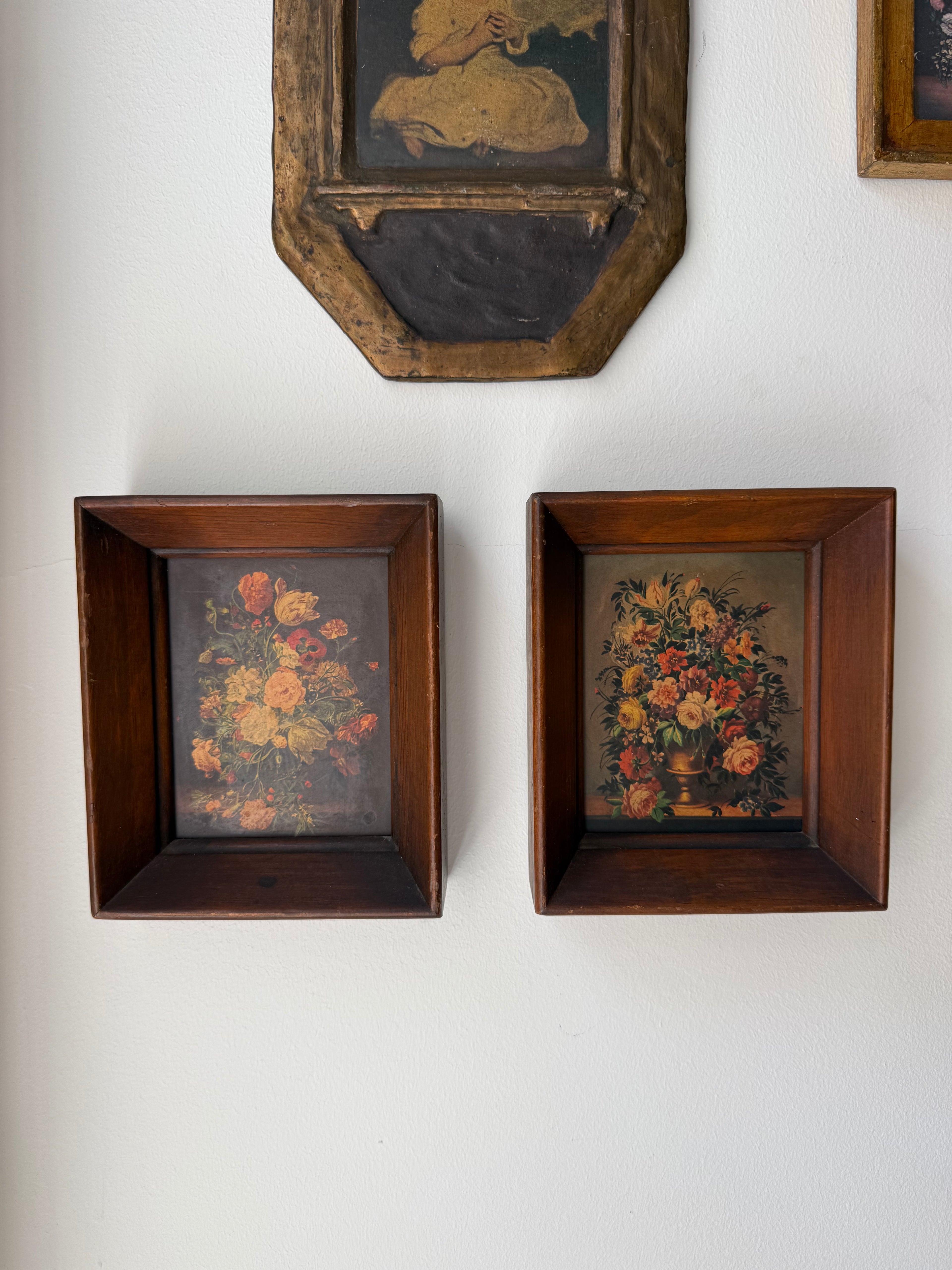 Vintage Italian Floral Framed Art, Set of Two