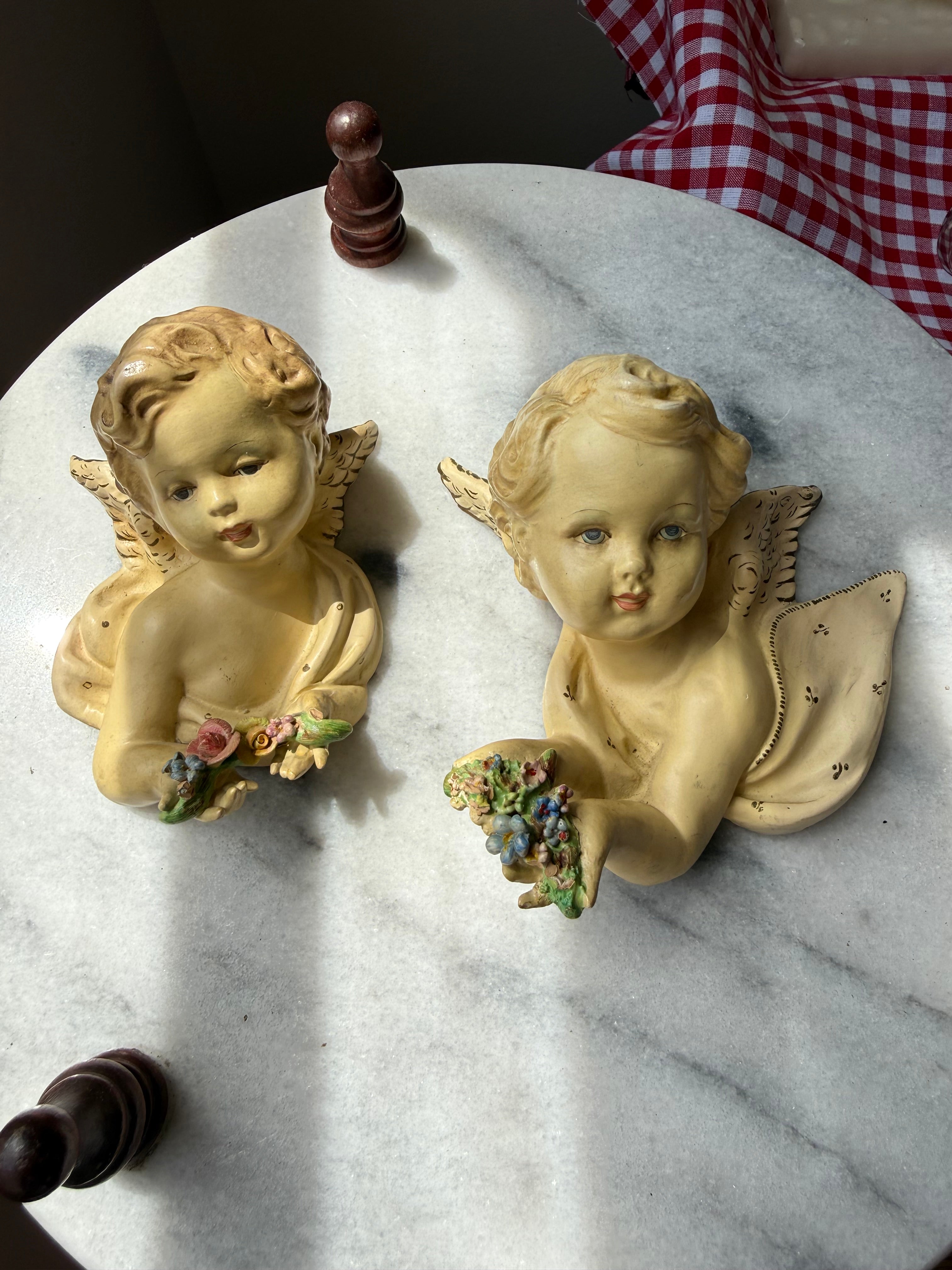 Vintage Italian Floral Cherub Wall Figures, Set of Two