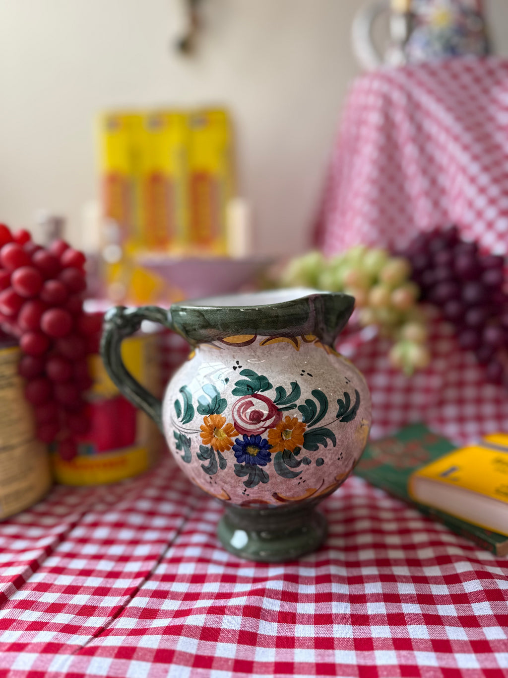 Vintage Italian Hand-Painted Floral Ceramic Pitcher