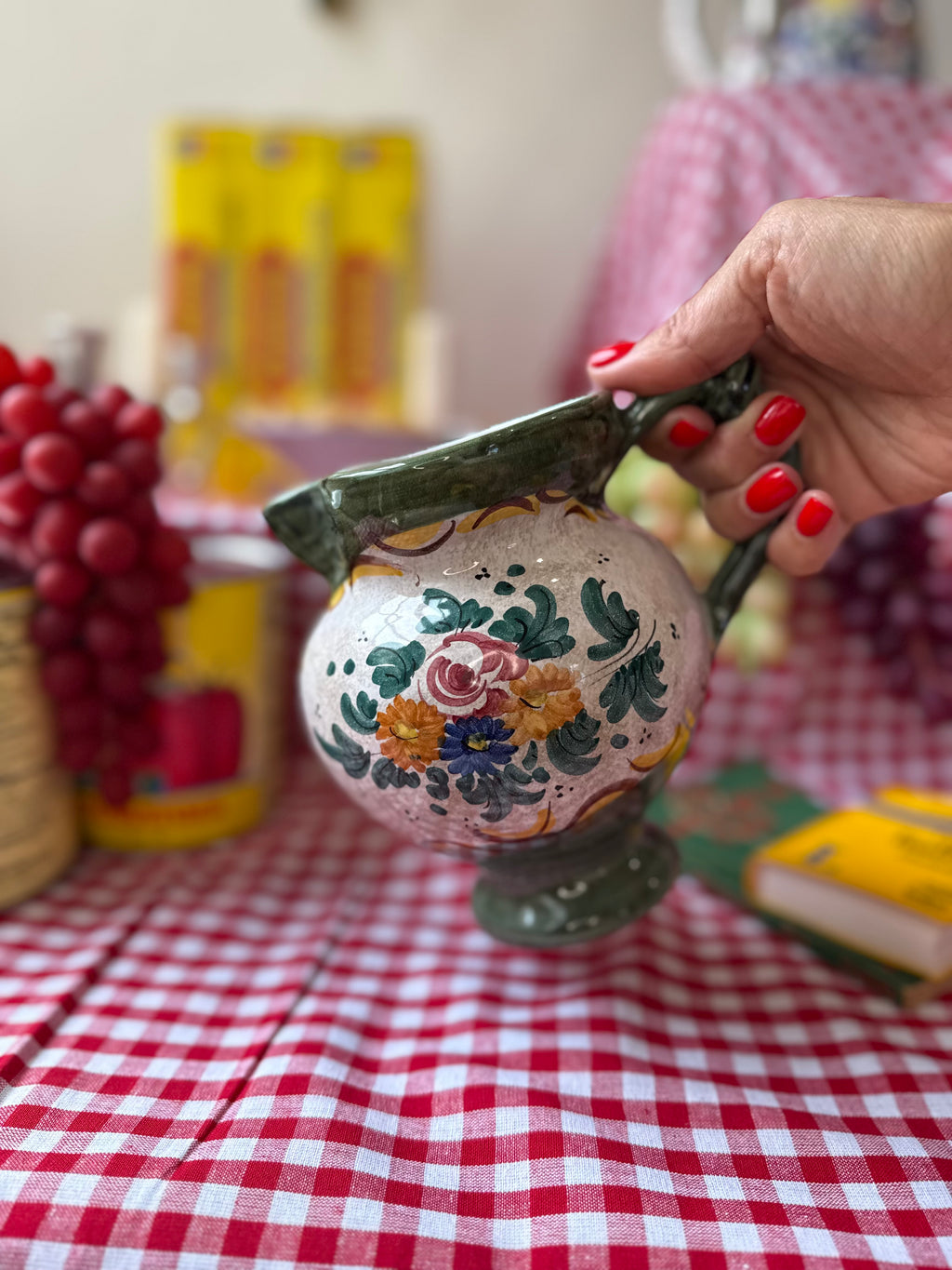 Vintage Italian Hand-Painted Floral Ceramic Pitcher