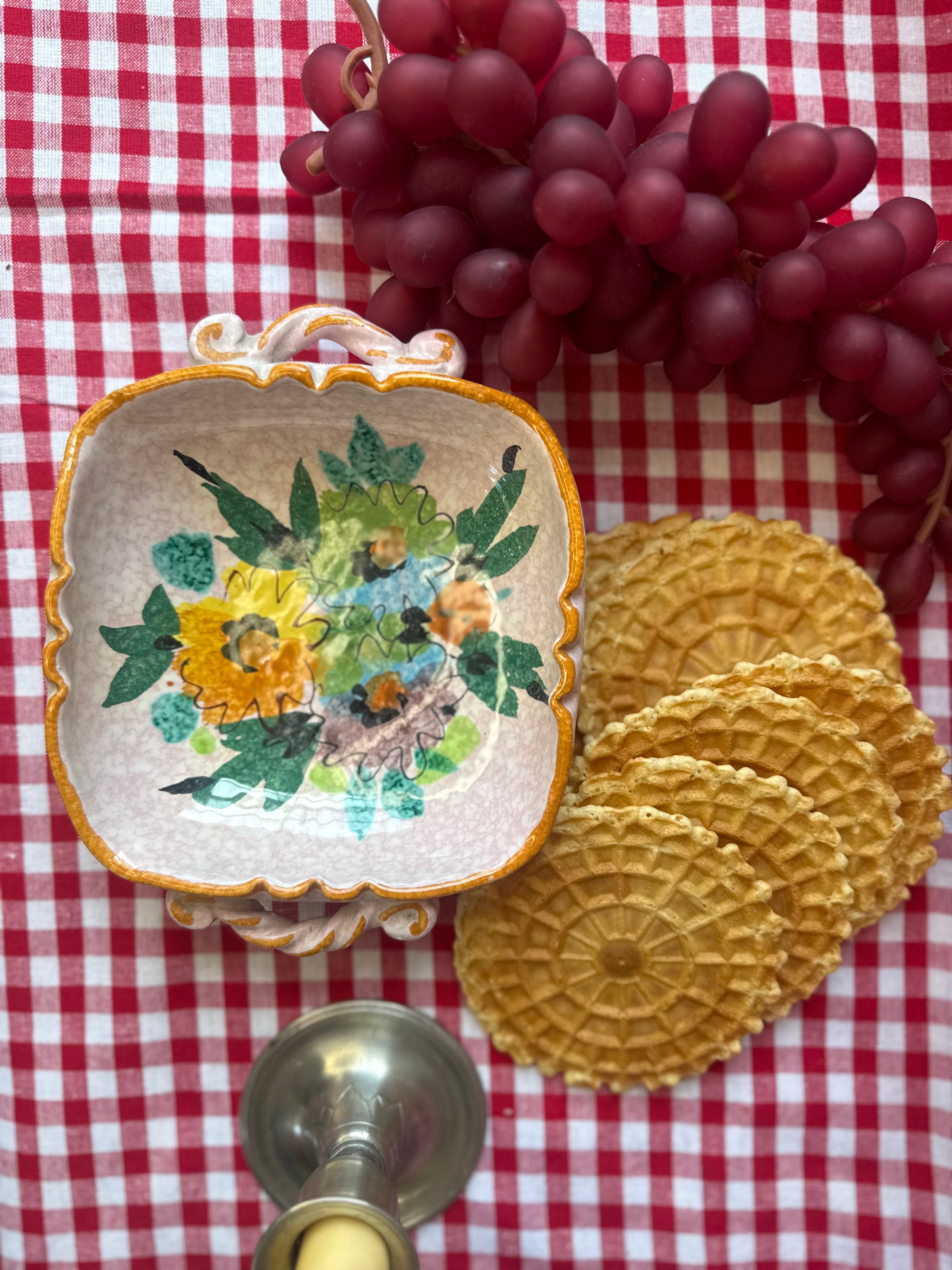 Vintage Italian Floral Ceramic Dish with Scroll Handles