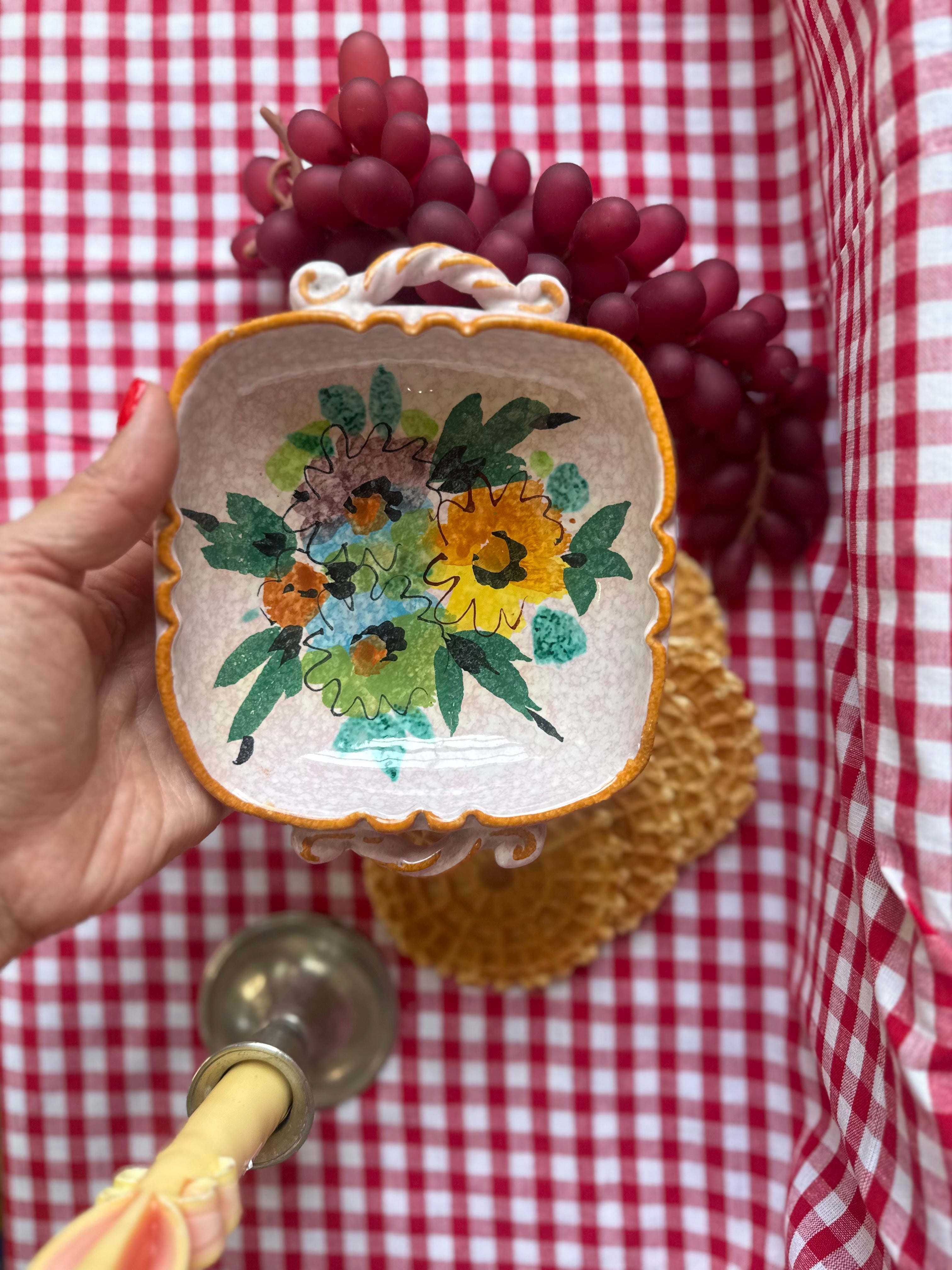 Vintage Italian Floral Ceramic Dish with Scroll Handles