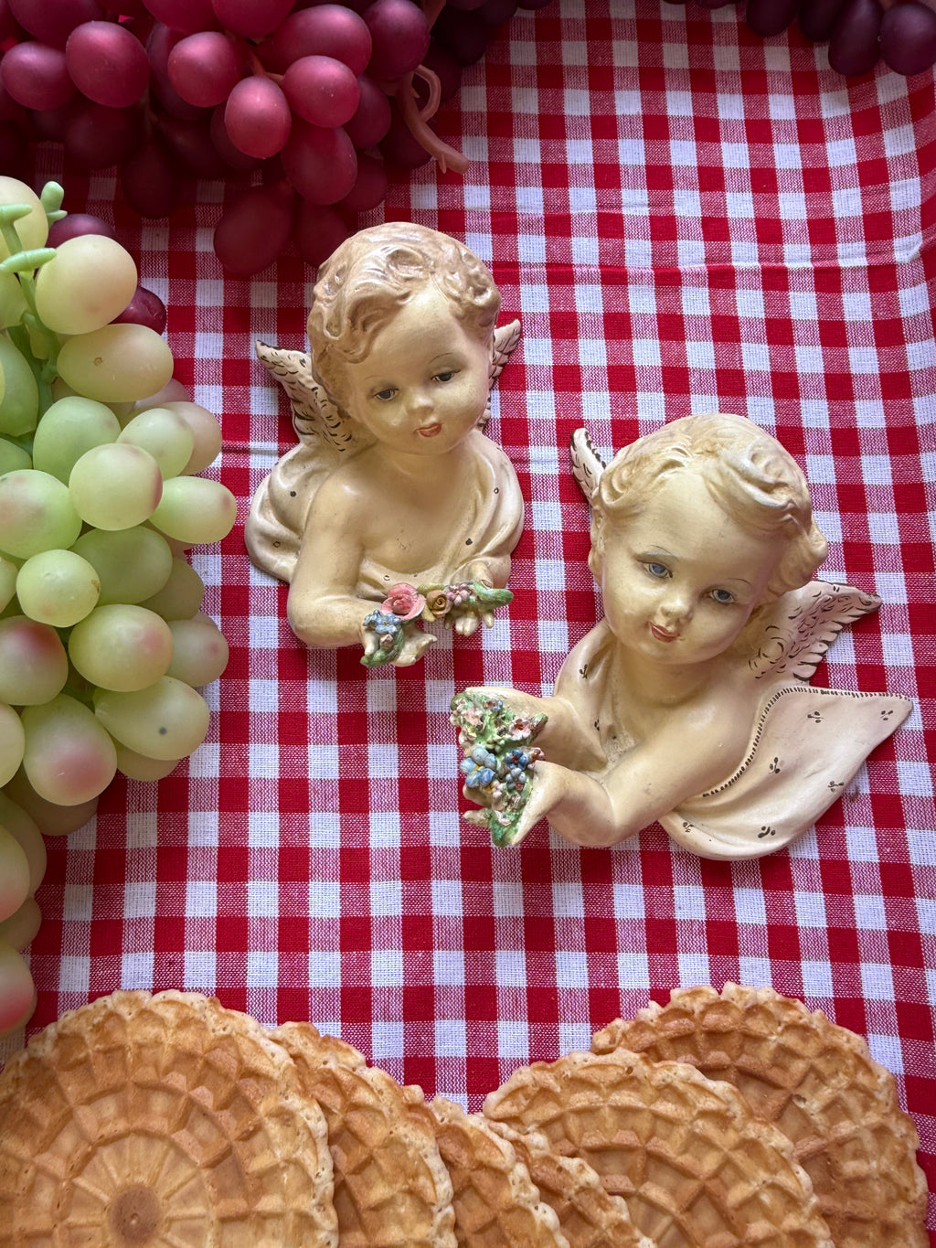 Vintage Italian Floral Cherub Wall Figures, Set of Two