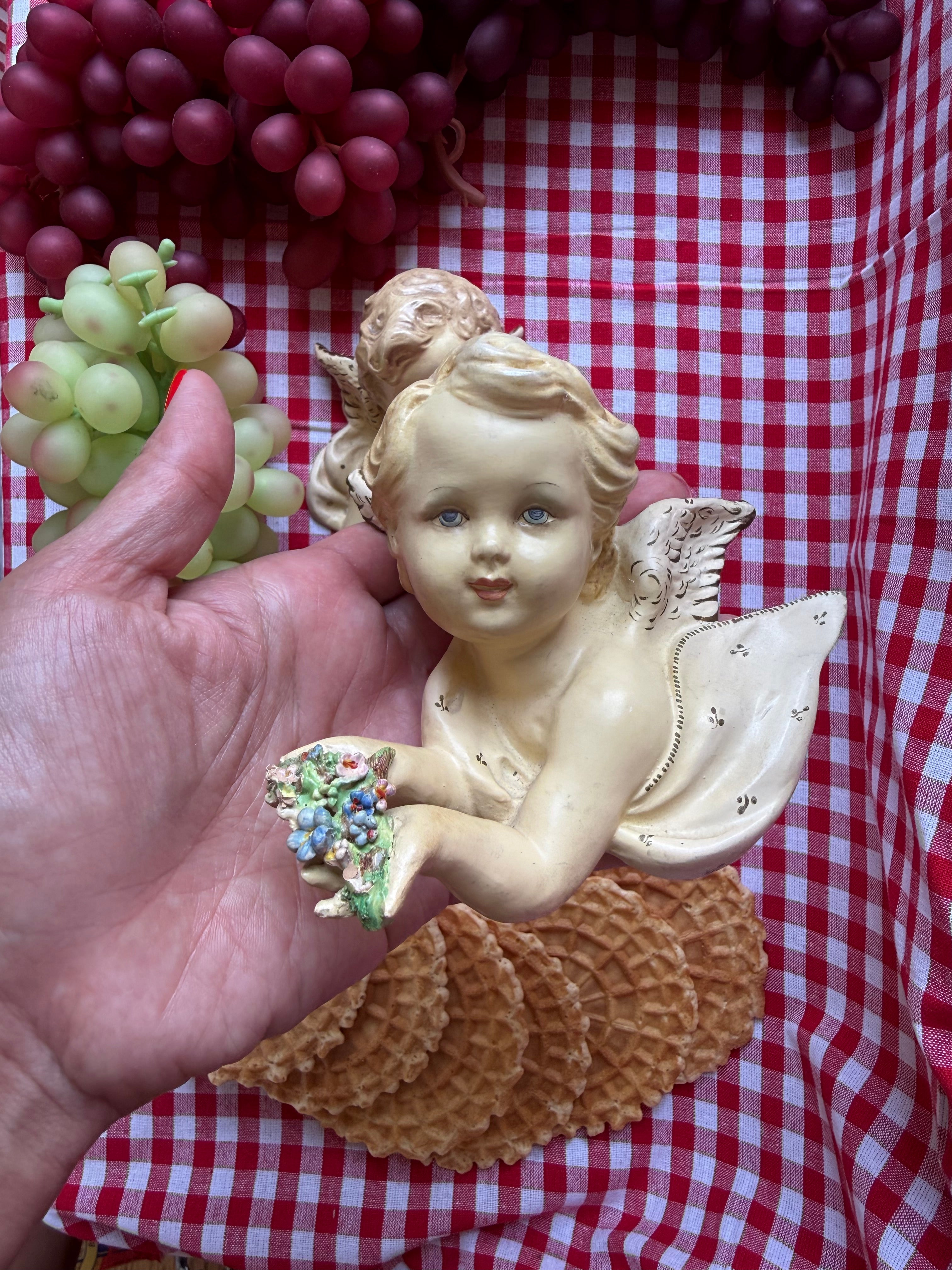 Vintage Italian Floral Cherub Wall Figures, Set of Two