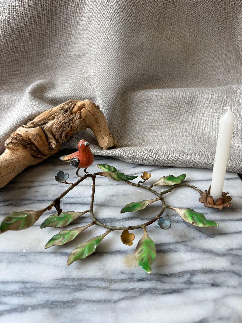Vintage Toleware Bird & Vine Taper Candle Holder