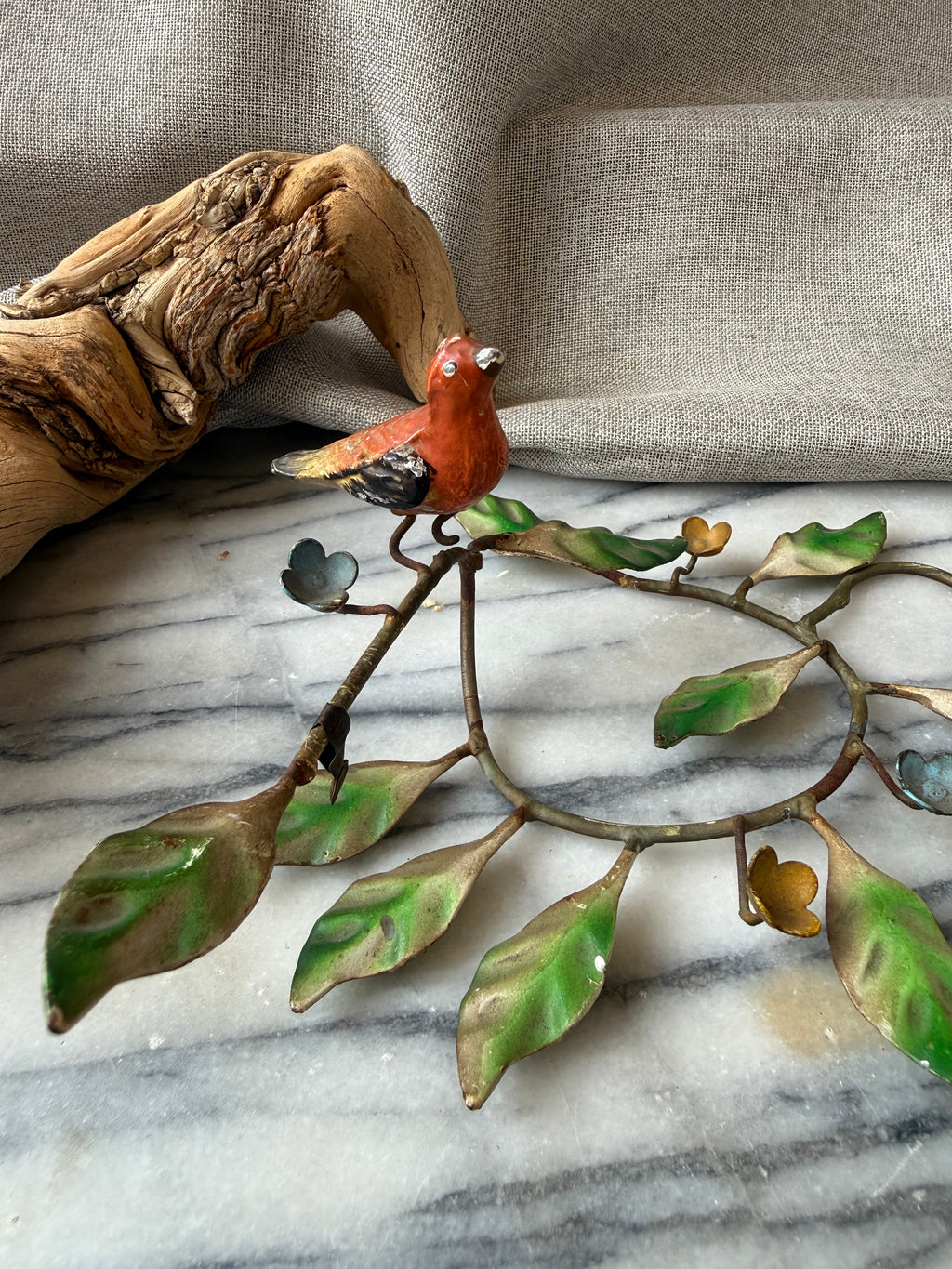 Vintage Toleware Bird & Vine Taper Candle Holder