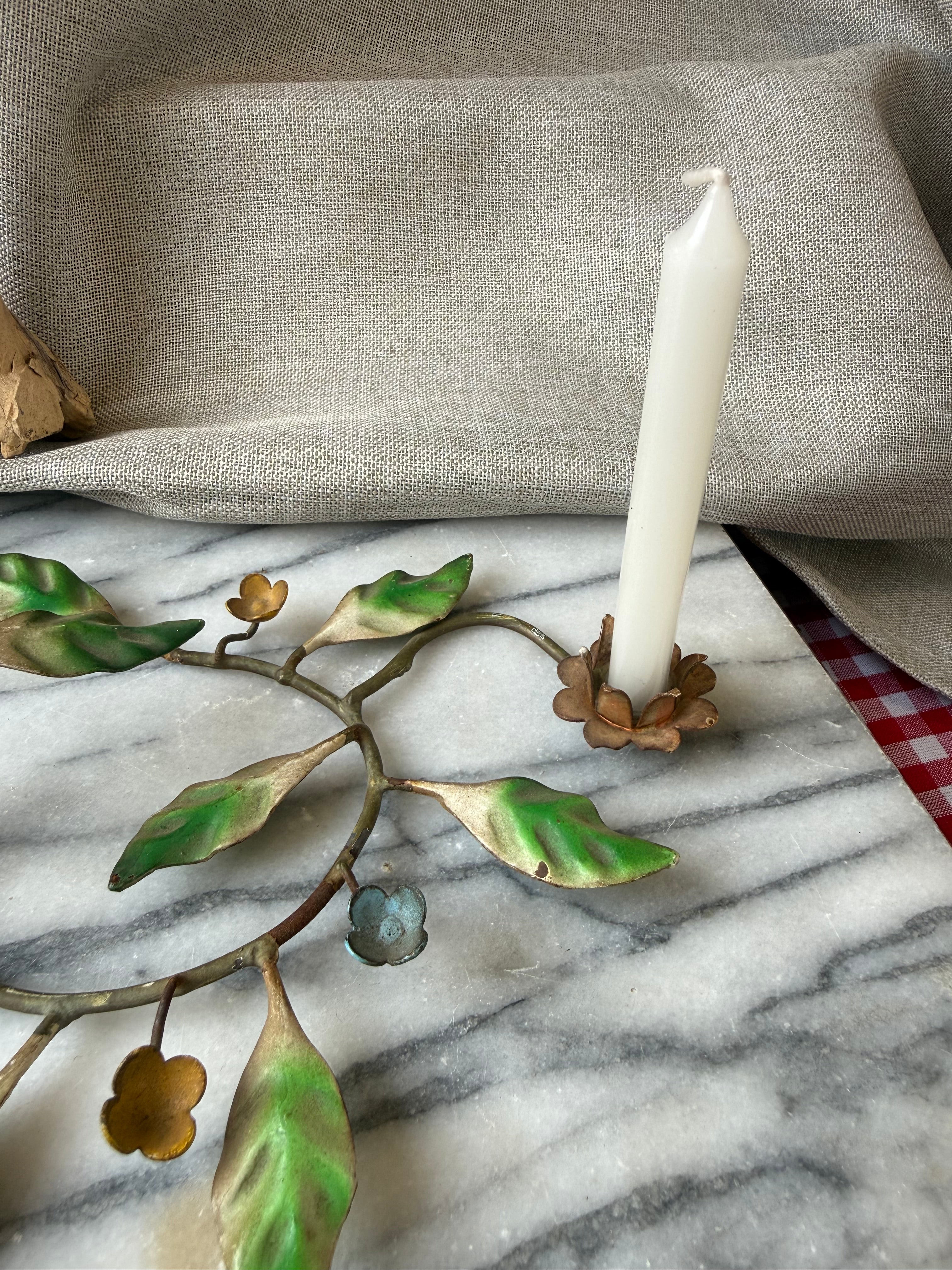 Vintage Toleware Bird & Vine Taper Candle Holder