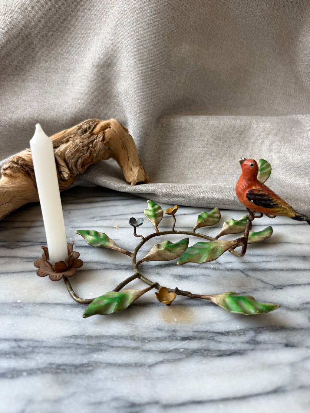 Vintage Toleware Bird & Vine Taper Candle Holder