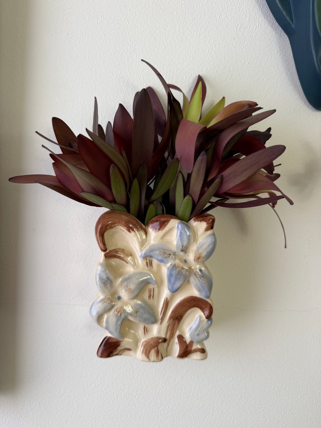 Floral Wall PocketVintage Mid-Century Ceramic Floral Wall Pocket Vase, Blue & Brown Raised Flowers