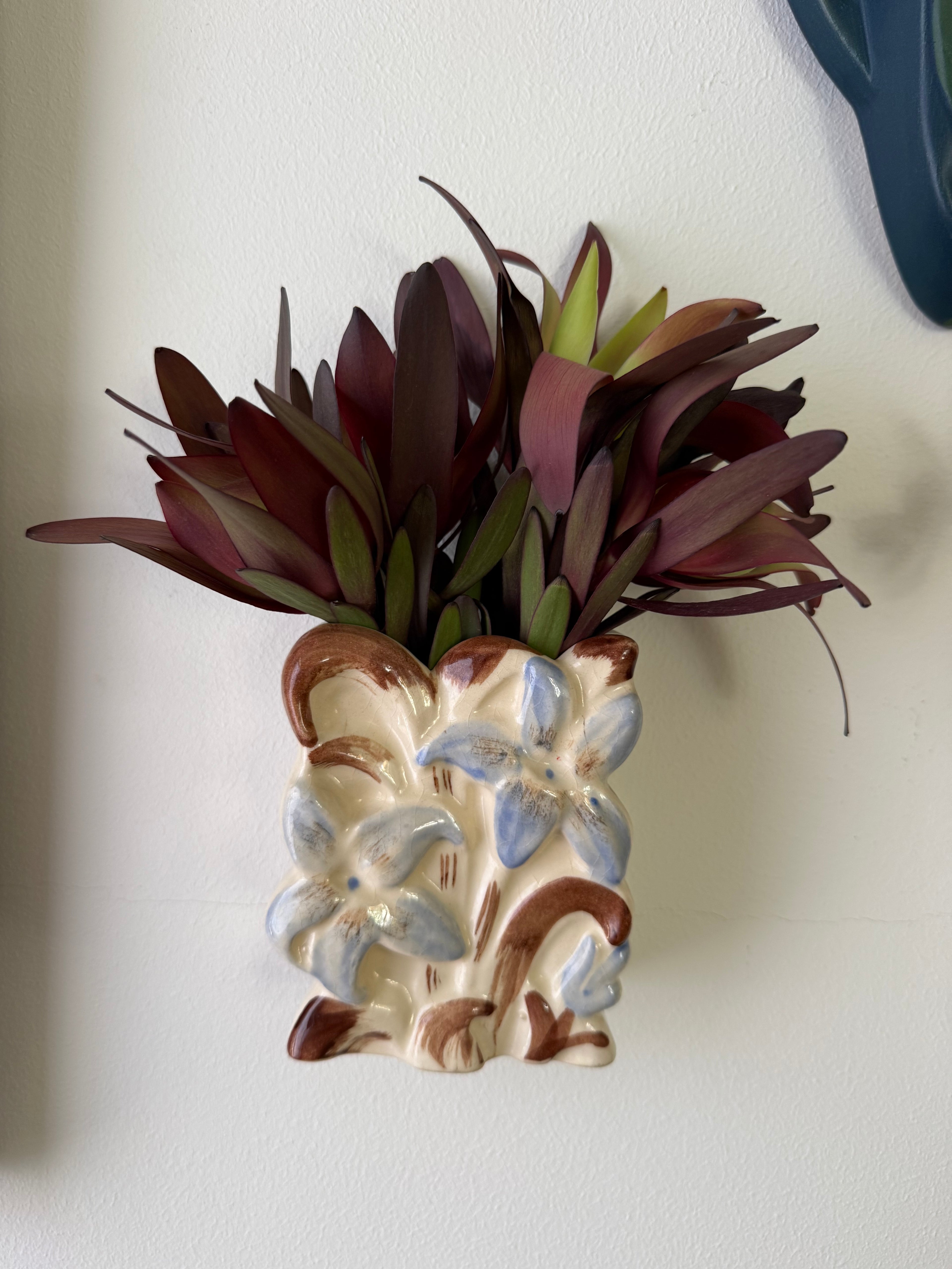 Floral Wall PocketVintage Mid-Century Ceramic Floral Wall Pocket Vase, Blue & Brown Raised Flowers