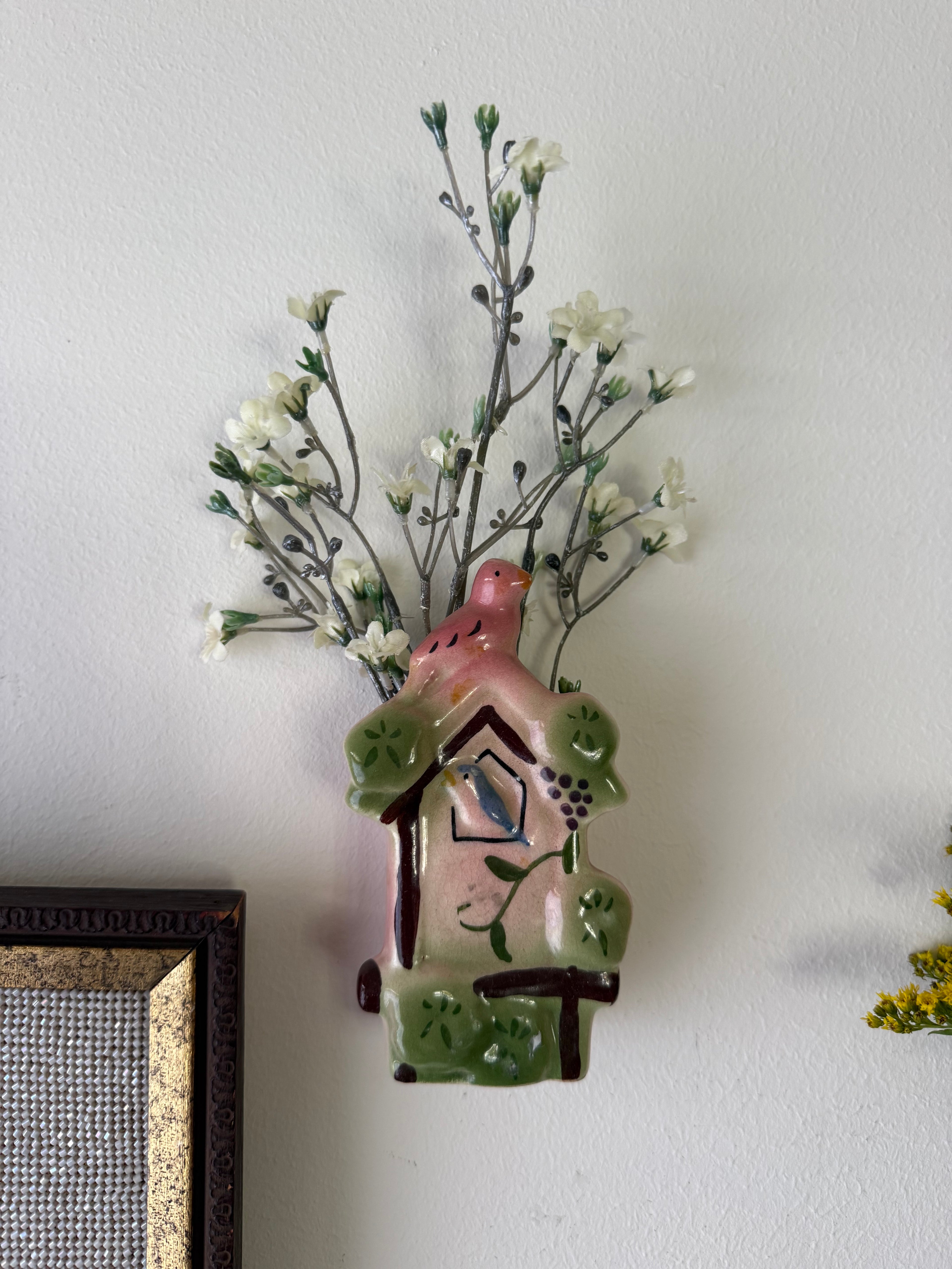 Vintage Mid-Century Birdhouse & Bird Ceramic Wall Pocket Vase
