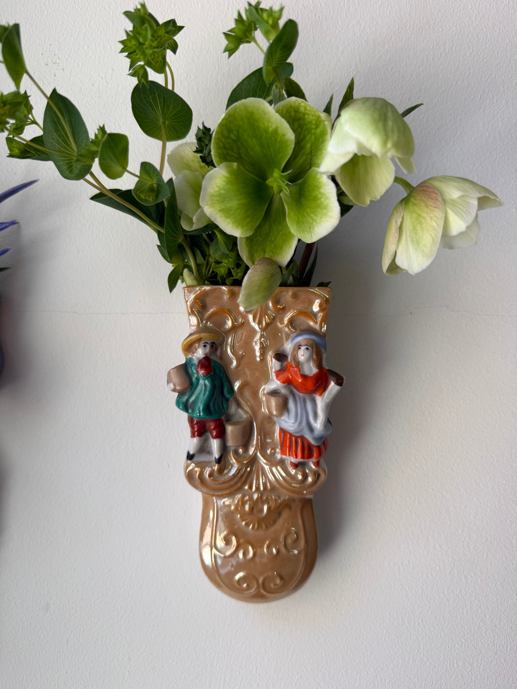 Vintage Japanese Lusterware Figural Boy & Girl Wall Pocket Vase, Made in Japan, c. 1930s–1940s