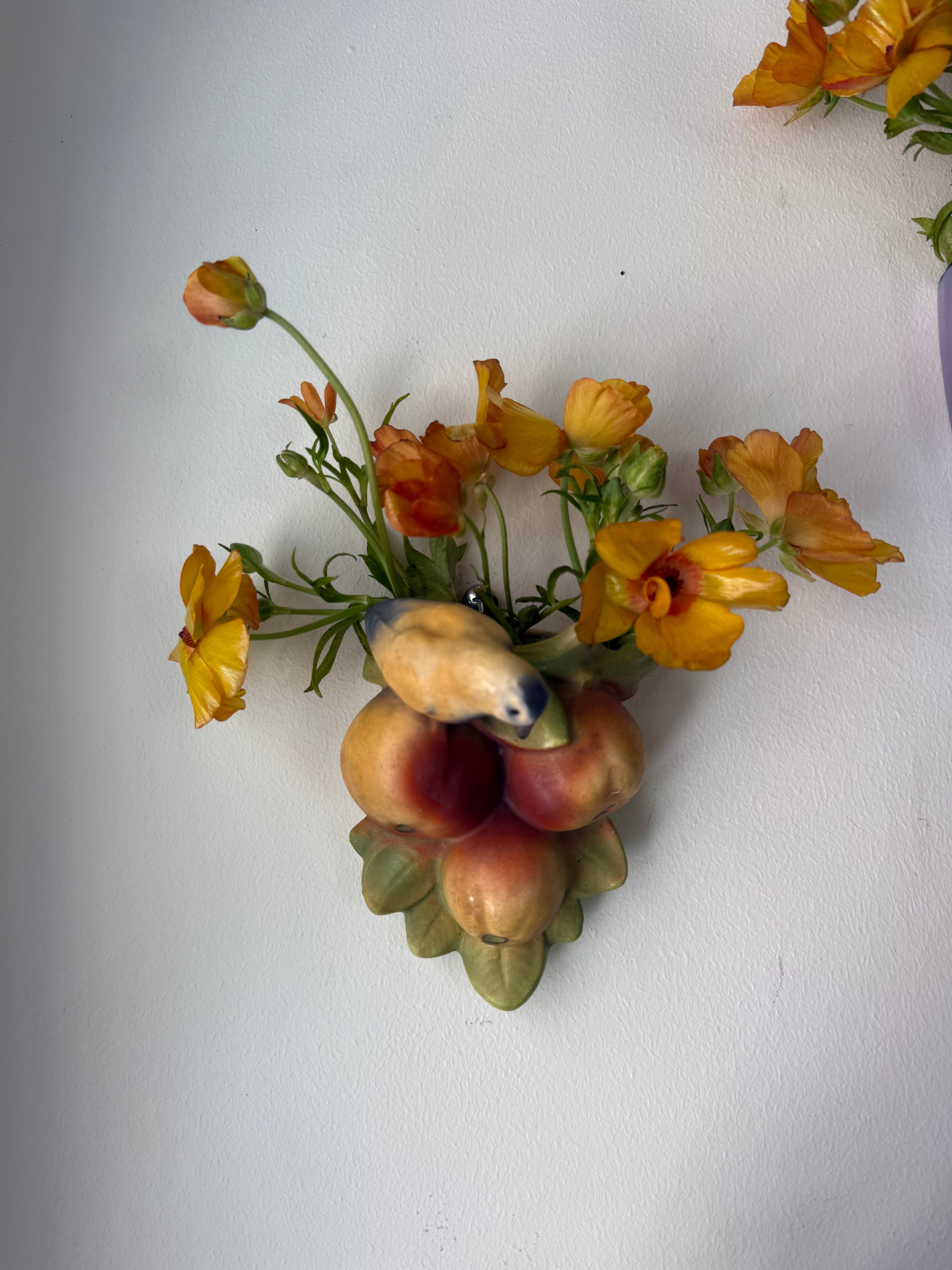 Vintage 1920s–30s Czechoslovakia Bird & Fruit Ceramic Wall Pocket Vase, Red Dime Mark #5860