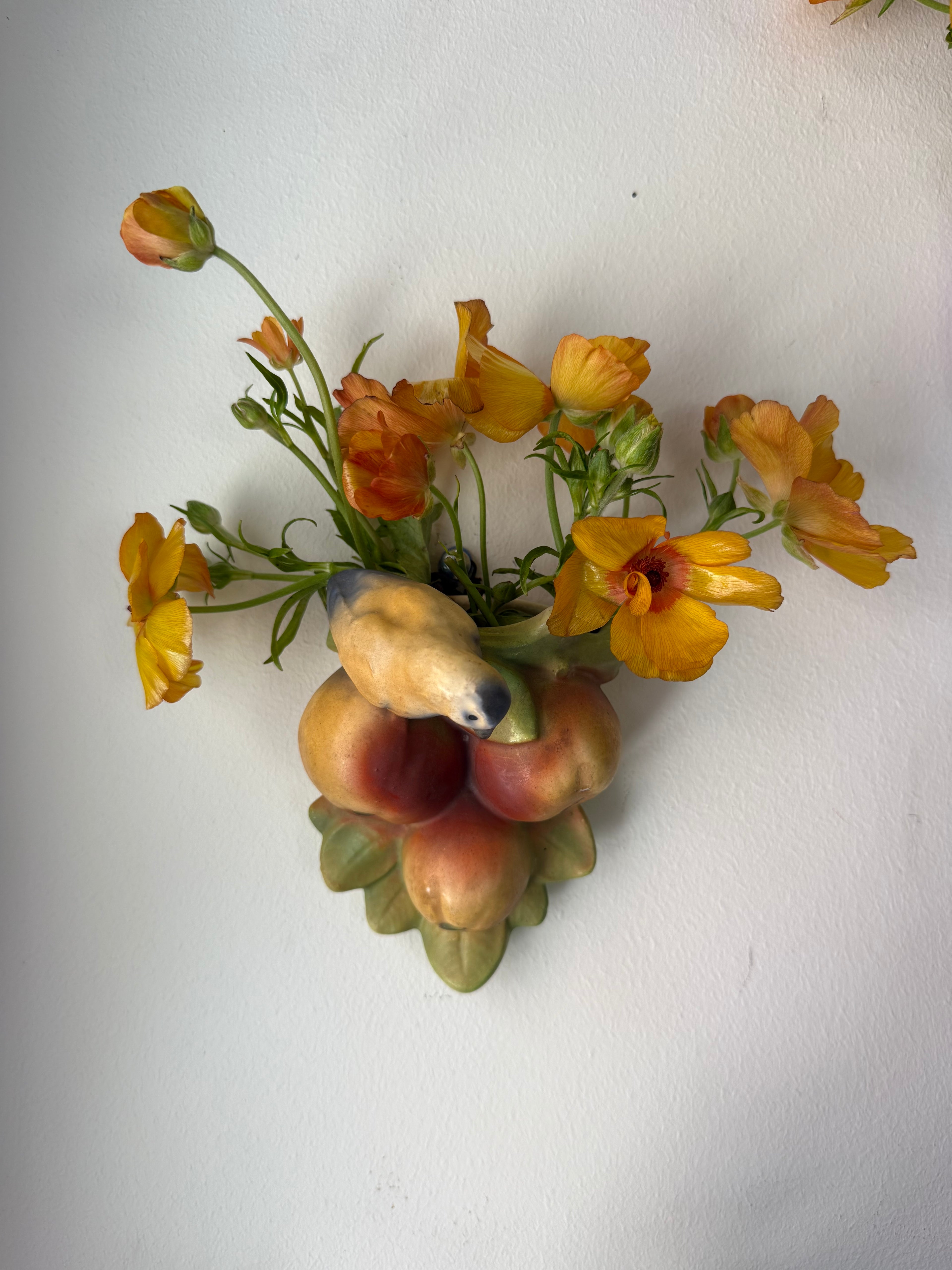 Vintage 1920s–30s Czechoslovakia Bird & Fruit Ceramic Wall Pocket Vase, Red Dime Mark #5860