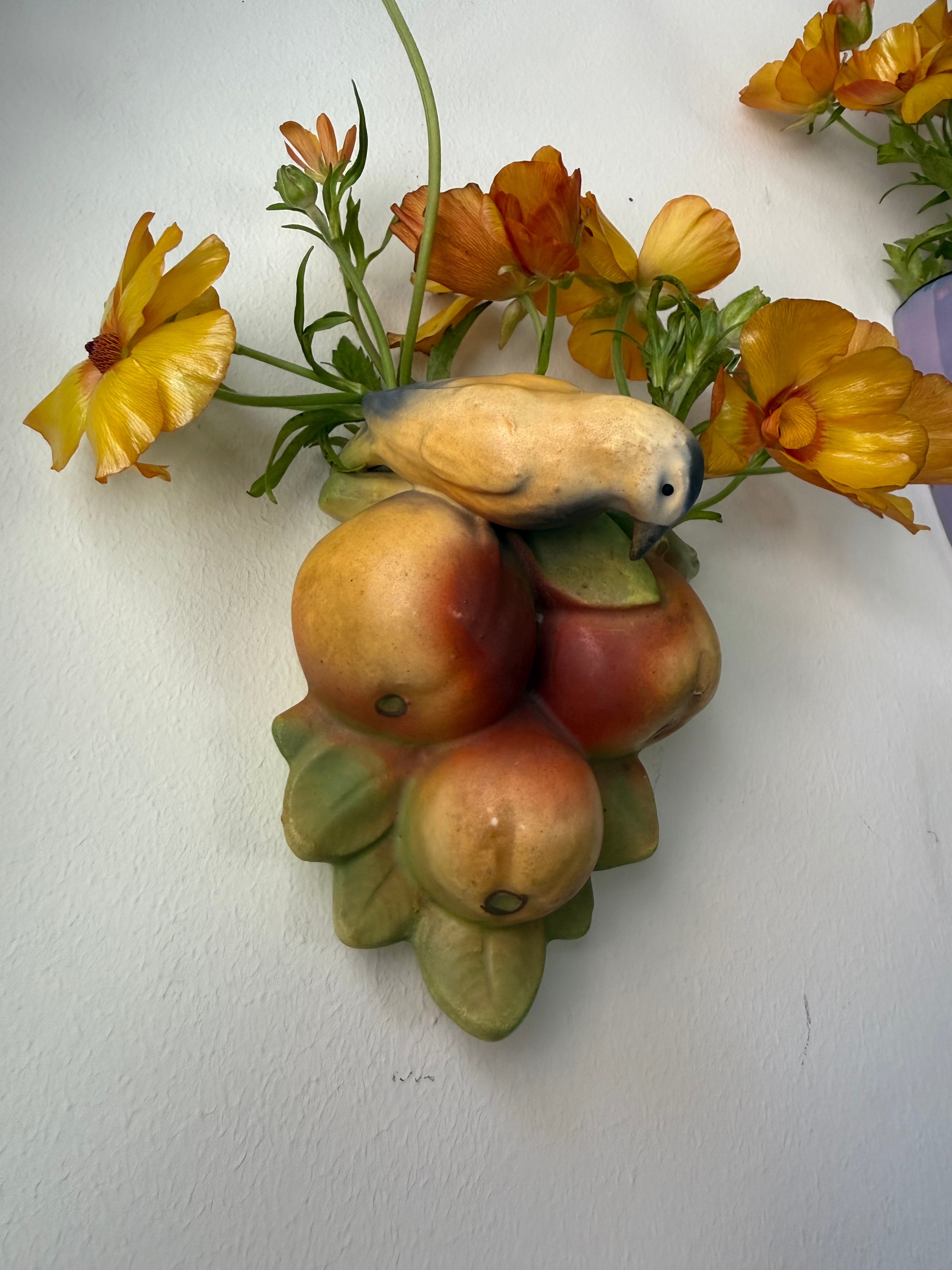 Vintage 1920s–30s Czechoslovakia Bird & Fruit Ceramic Wall Pocket Vase, Red Dime Mark #5860