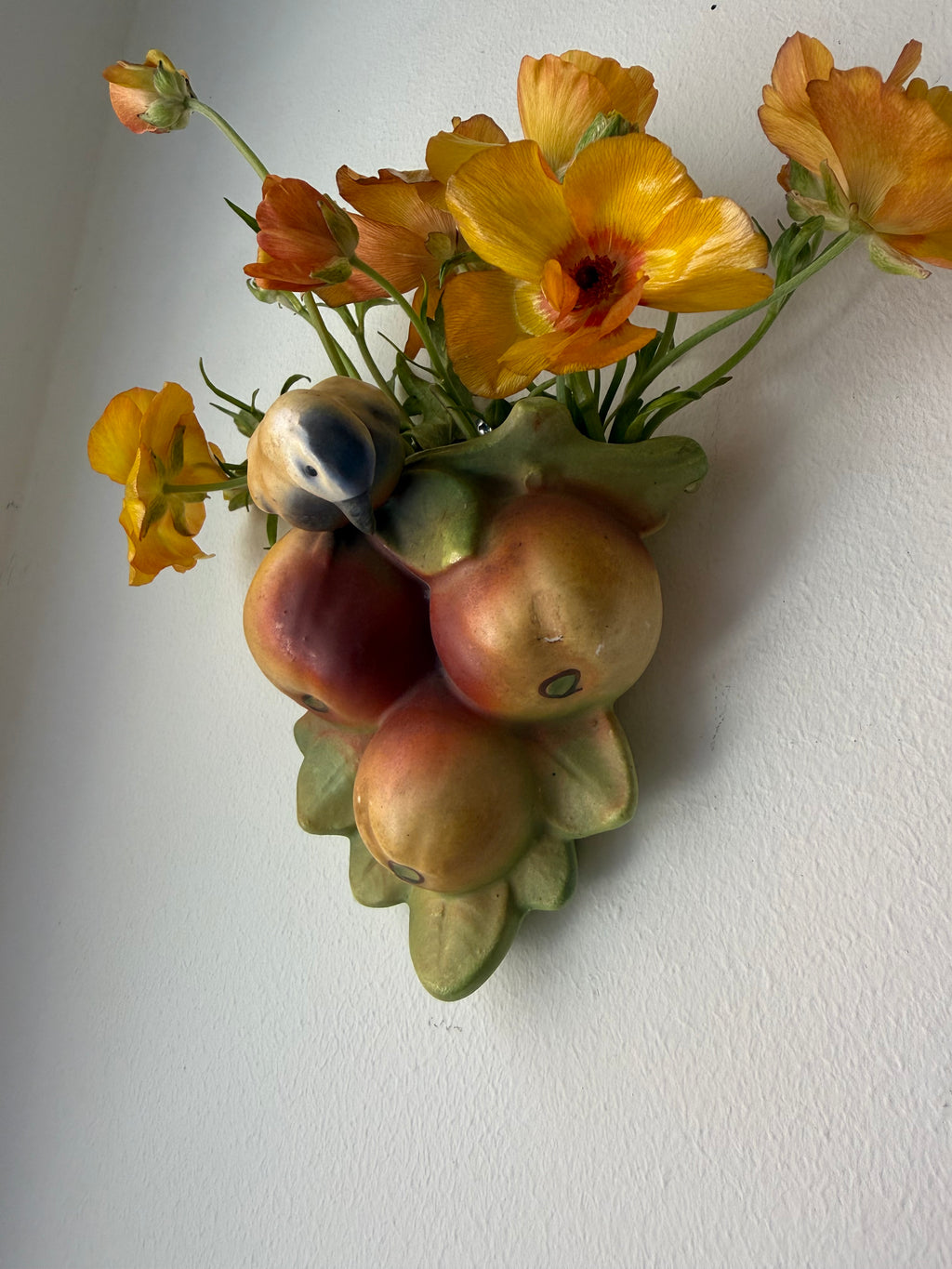 Vintage 1920s–30s Czechoslovakia Bird & Fruit Ceramic Wall Pocket Vase, Red Dime Mark #5860