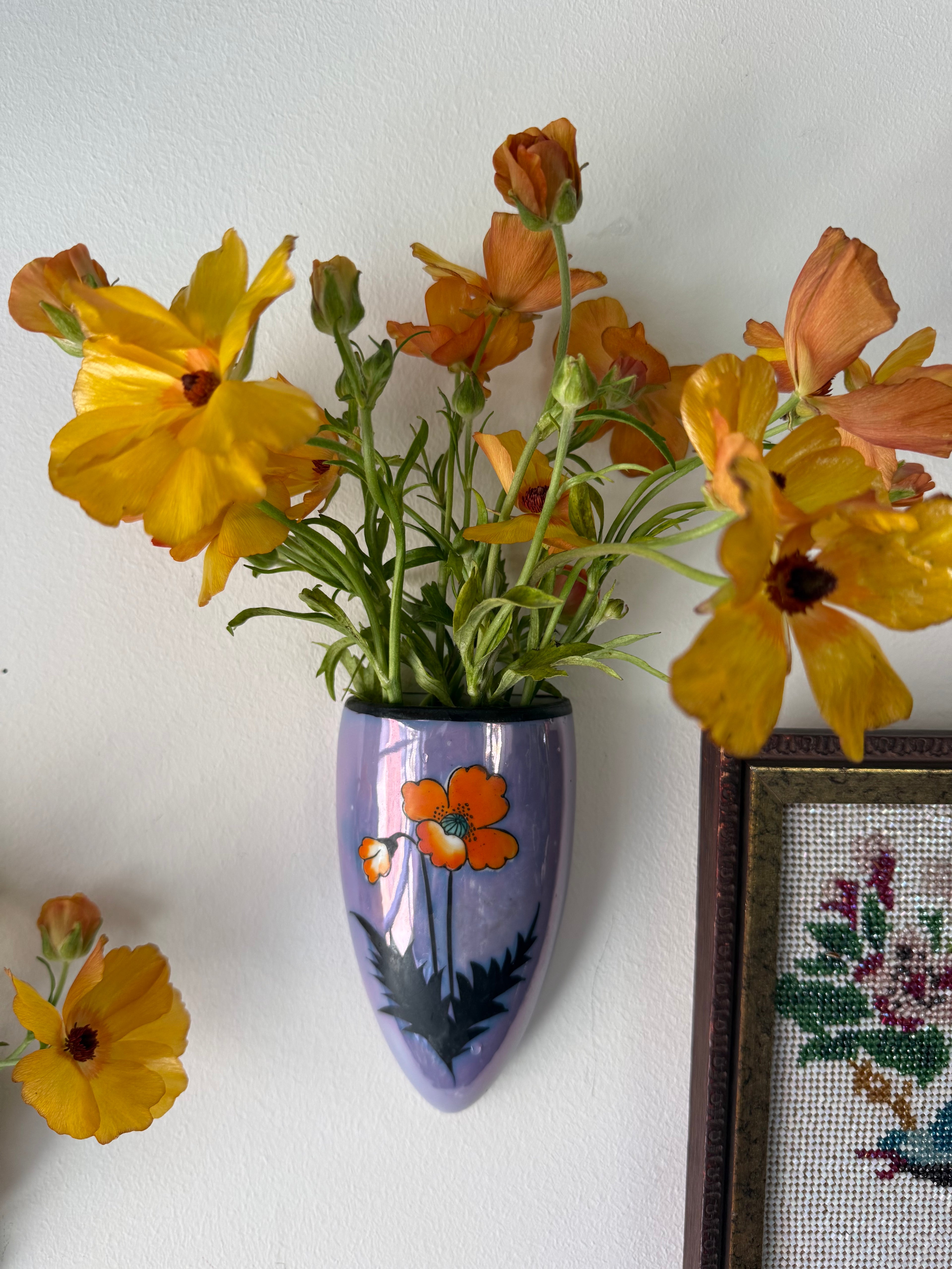 Vintage 1930s Seiei & Co. Japanese Lusterware Art Deco Wall Pocket Vase, Poppy Pattern