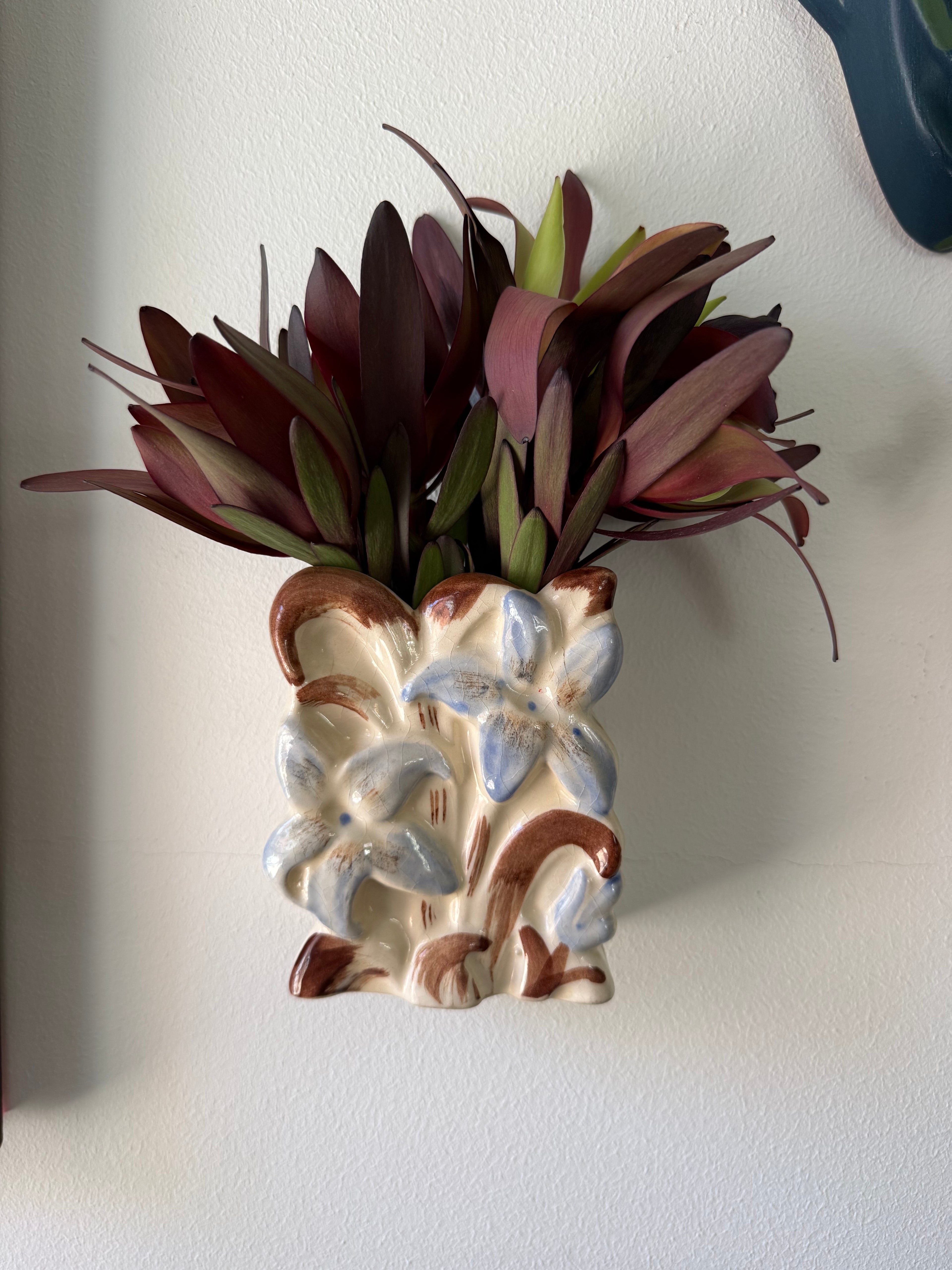 Floral Wall PocketVintage Mid-Century Ceramic Floral Wall Pocket Vase, Blue & Brown Raised Flowers