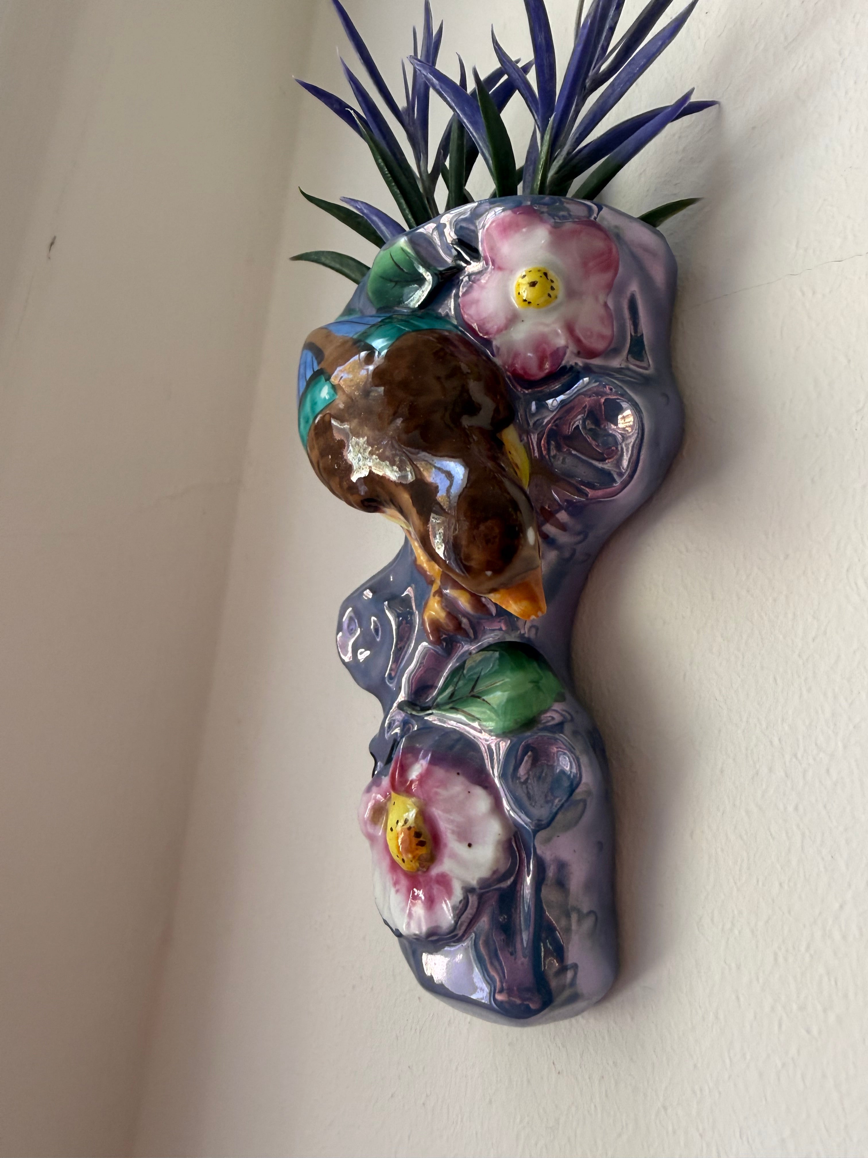 Antique Nippon Hand-Painted Bird & Floral Wall Pocket Vase, Cherry Blossom Mark, c. 1900–1921