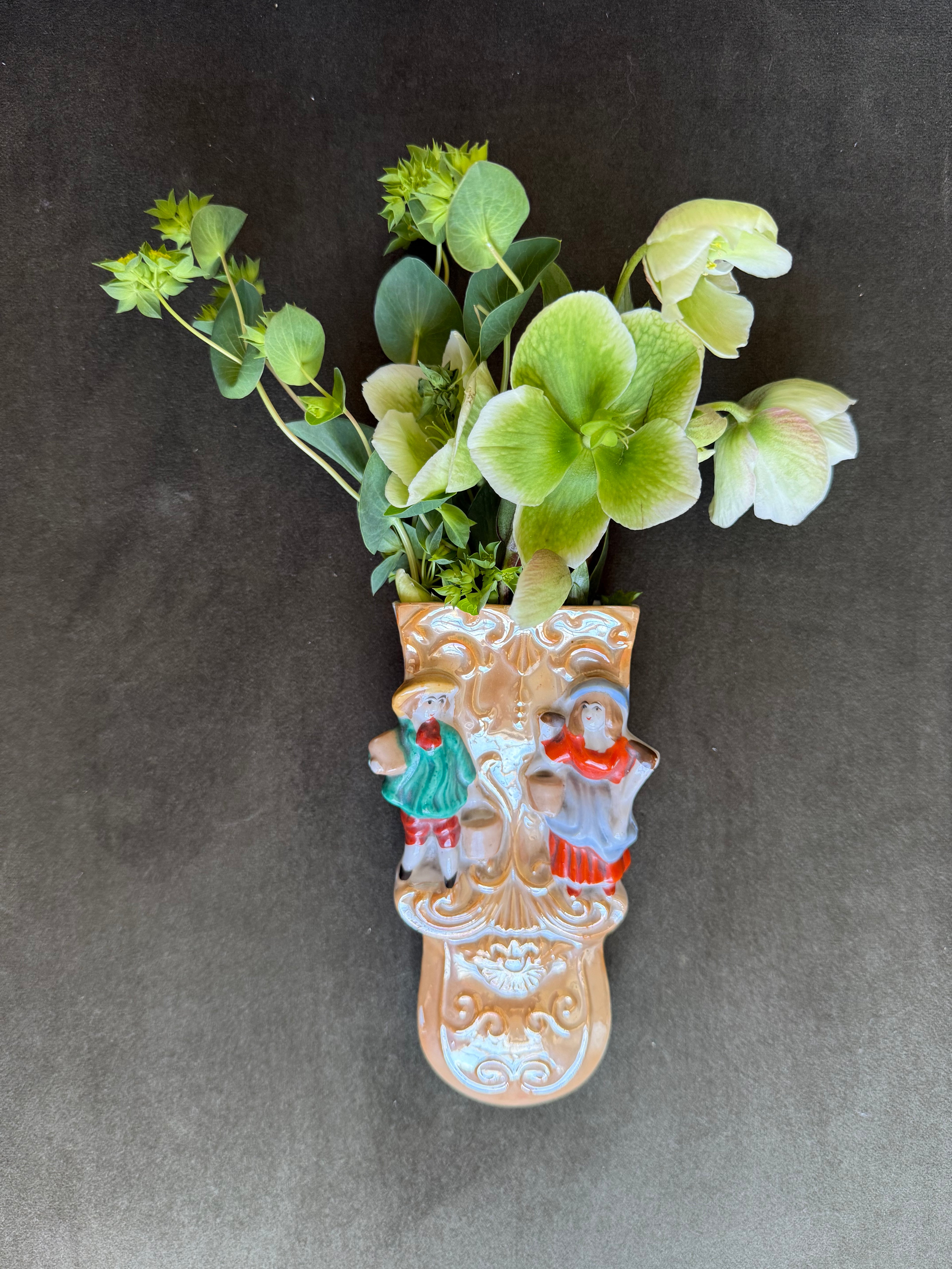 Vintage Japanese Lusterware Figural Boy & Girl Wall Pocket Vase, Made in Japan, c. 1930s–1940s