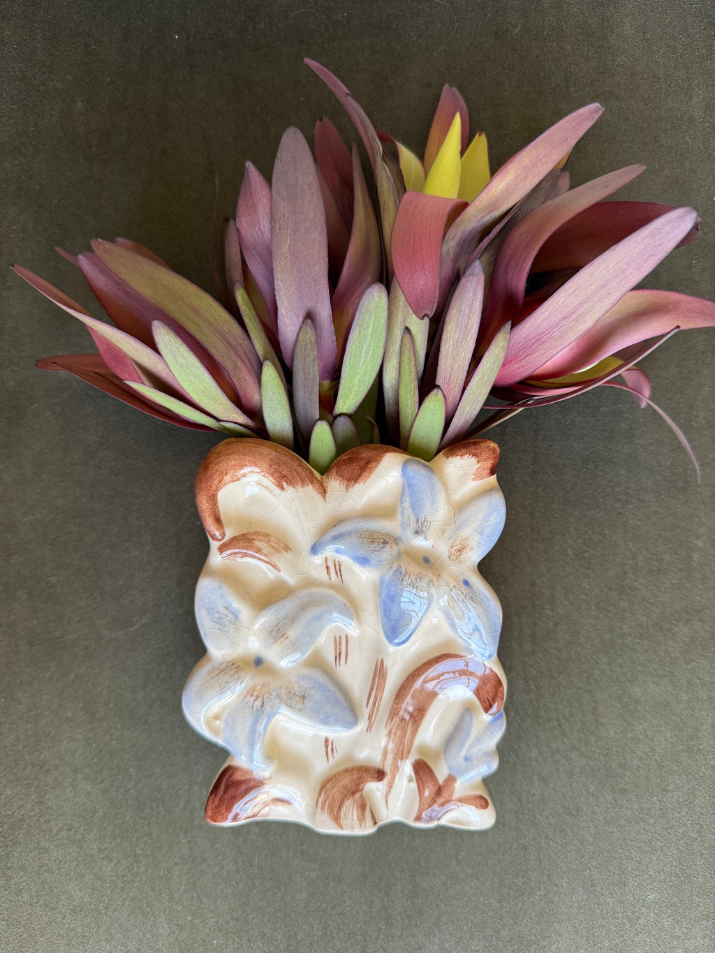 Floral Wall PocketVintage Mid-Century Ceramic Floral Wall Pocket Vase, Blue & Brown Raised Flowers