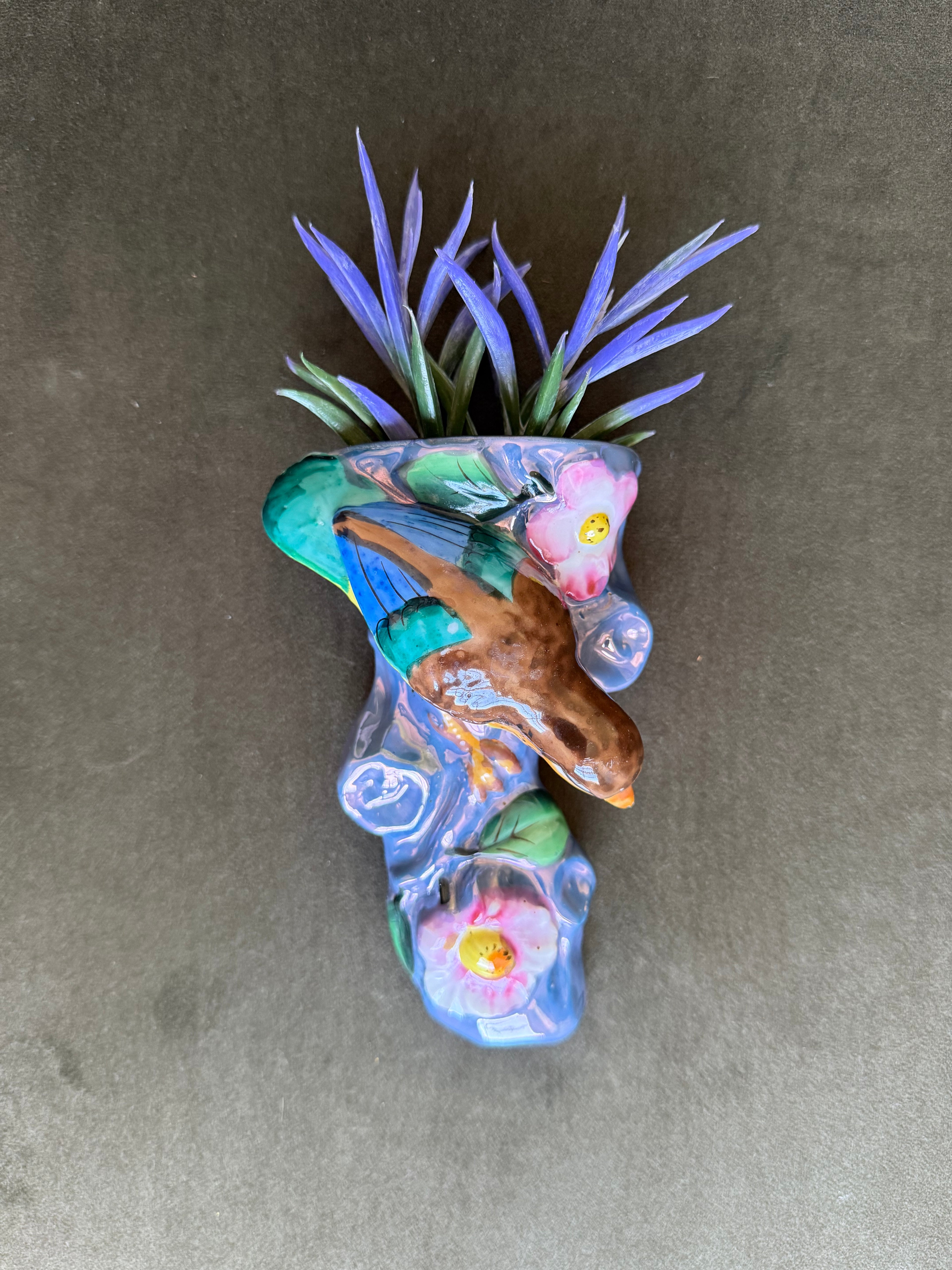 Antique Nippon Hand-Painted Bird & Floral Wall Pocket Vase, Cherry Blossom Mark, c. 1900–1921