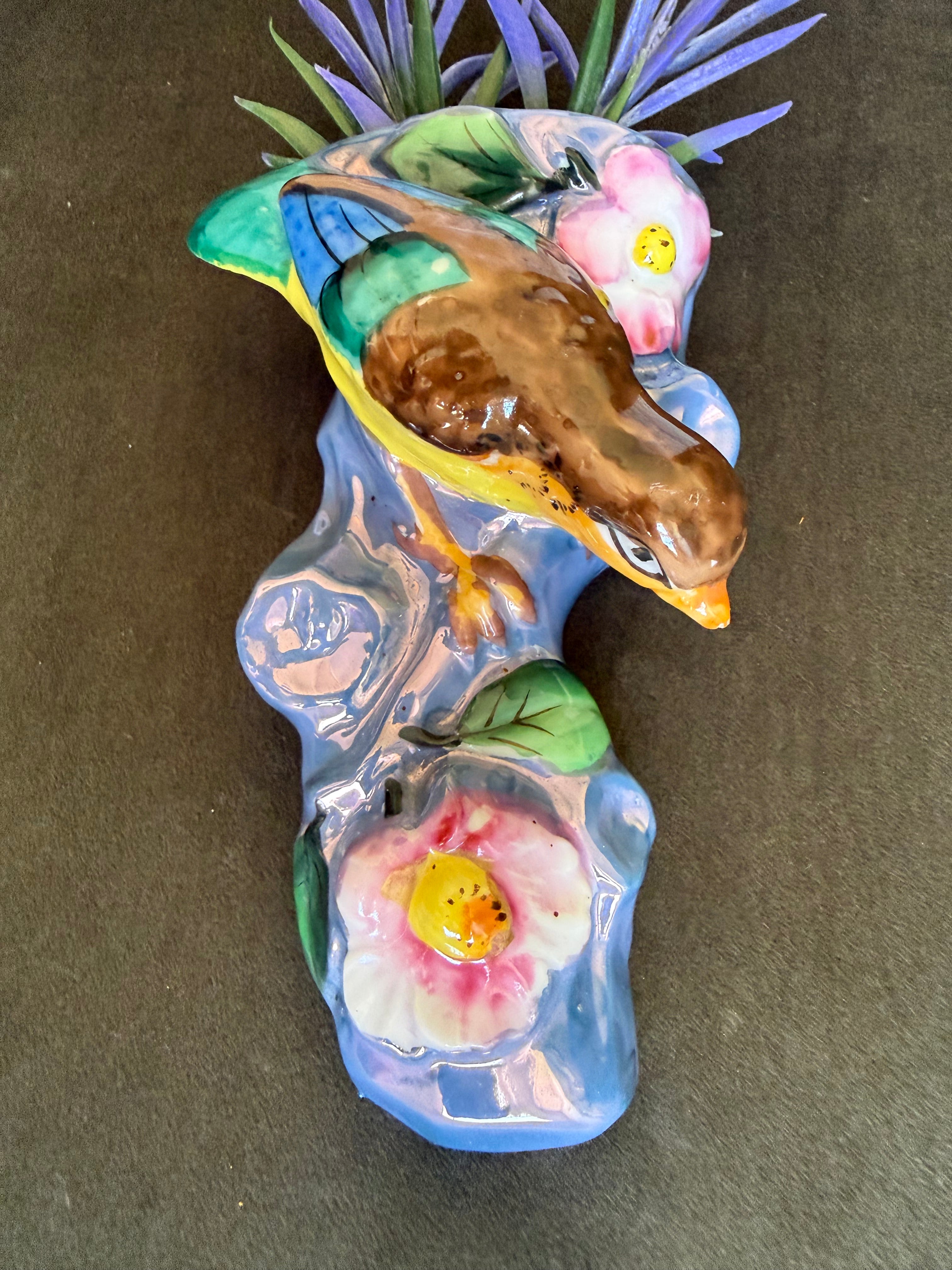 Antique Nippon Hand-Painted Bird & Floral Wall Pocket Vase, Cherry Blossom Mark, c. 1900–1921