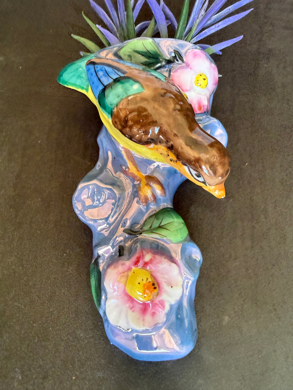 Antique Nippon Hand-Painted Bird & Floral Wall Pocket Vase, Cherry Blossom Mark, c. 1900–1921