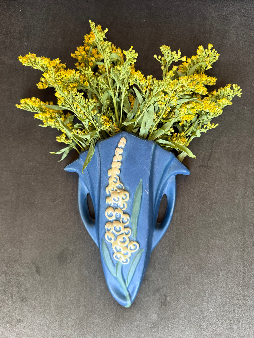 Vintage 1942 Roseville Pottery Foxglove Blue Wall Pocket Vase, 1292-8