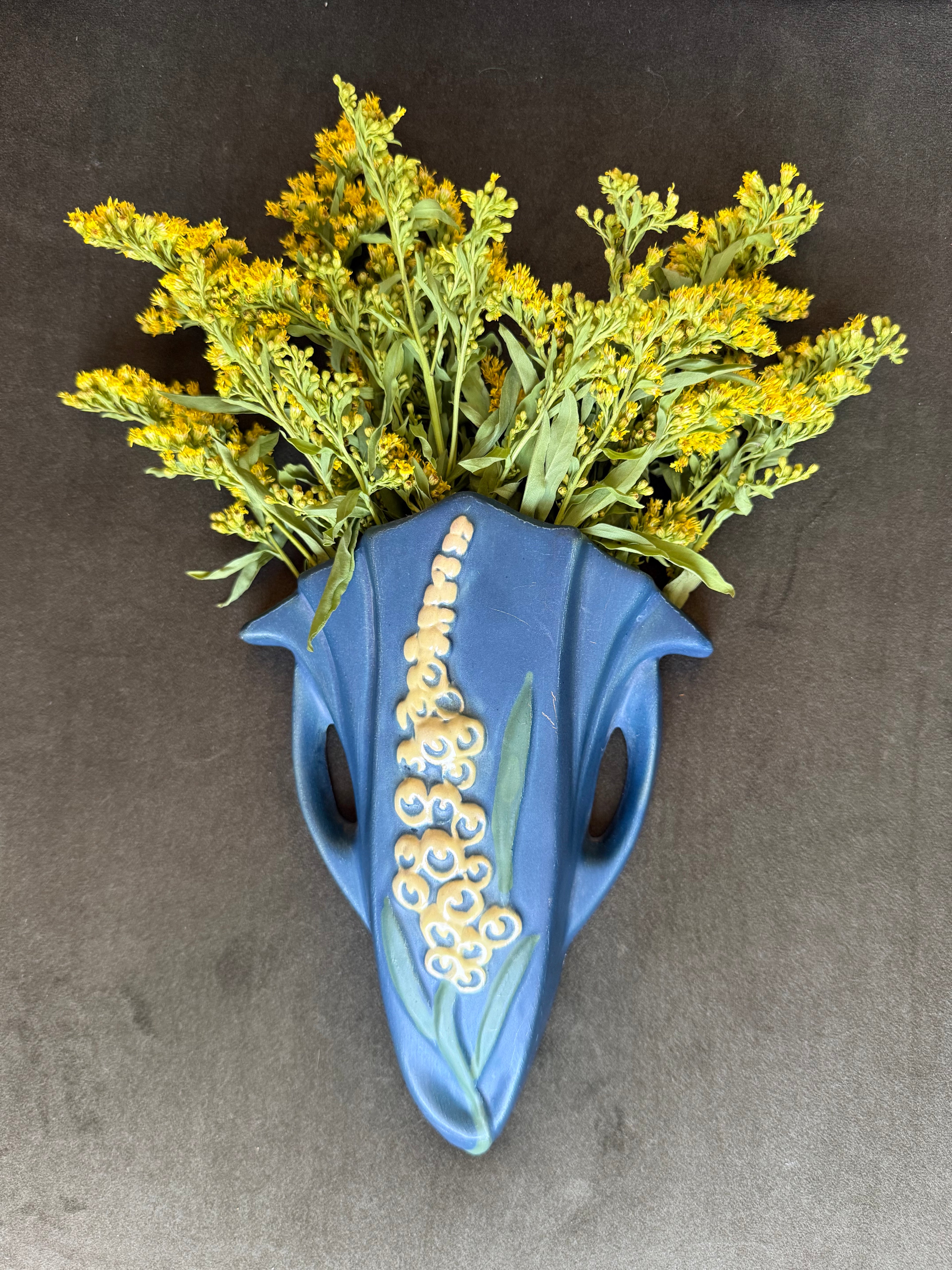 Vintage 1942 Roseville Pottery Foxglove Blue Wall Pocket Vase, 1292-8