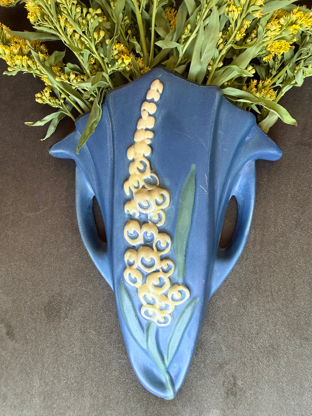 Vintage 1942 Roseville Pottery Foxglove Blue Wall Pocket Vase, 1292-8