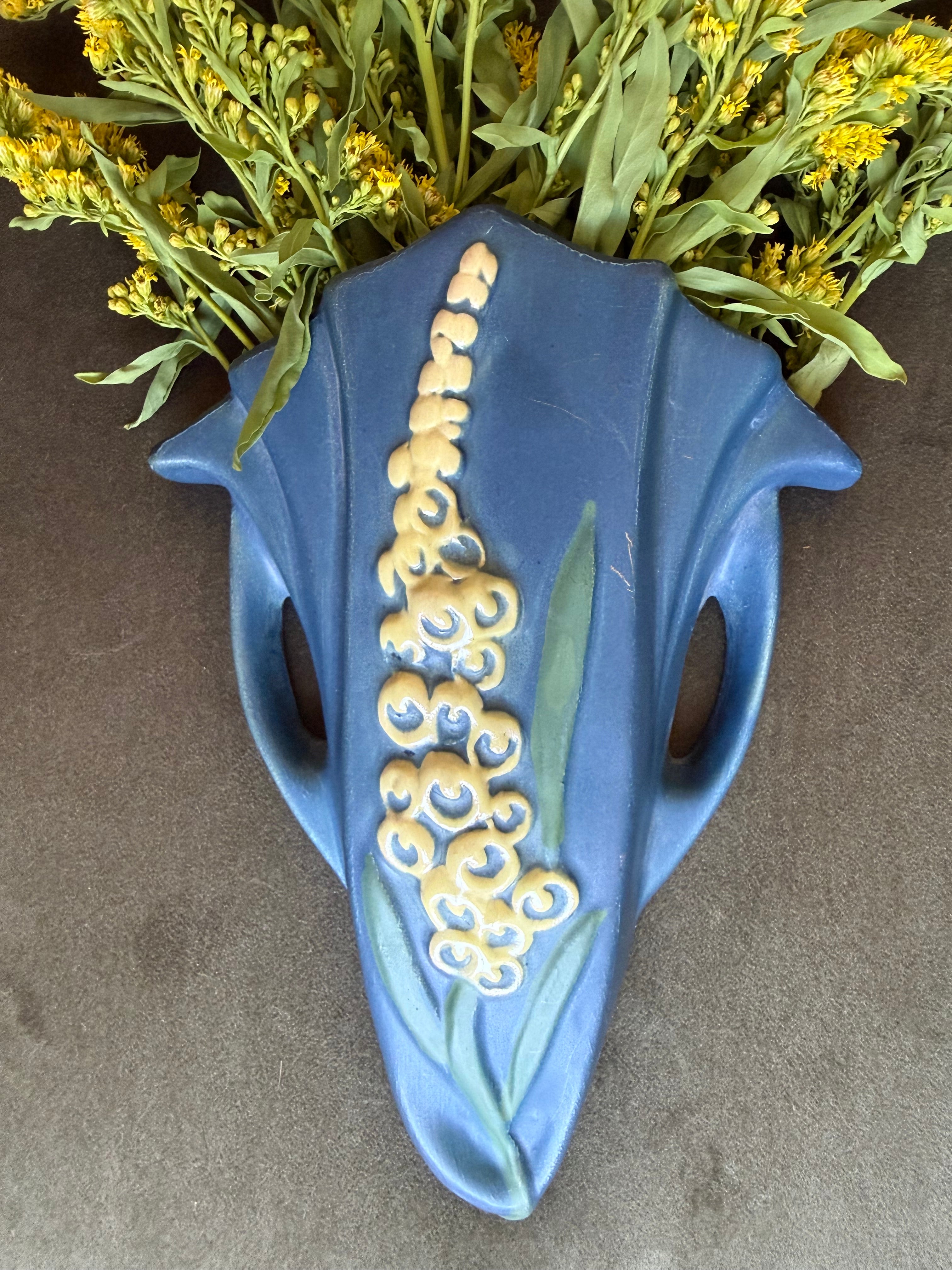 Vintage 1942 Roseville Pottery Foxglove Blue Wall Pocket Vase, 1292-8