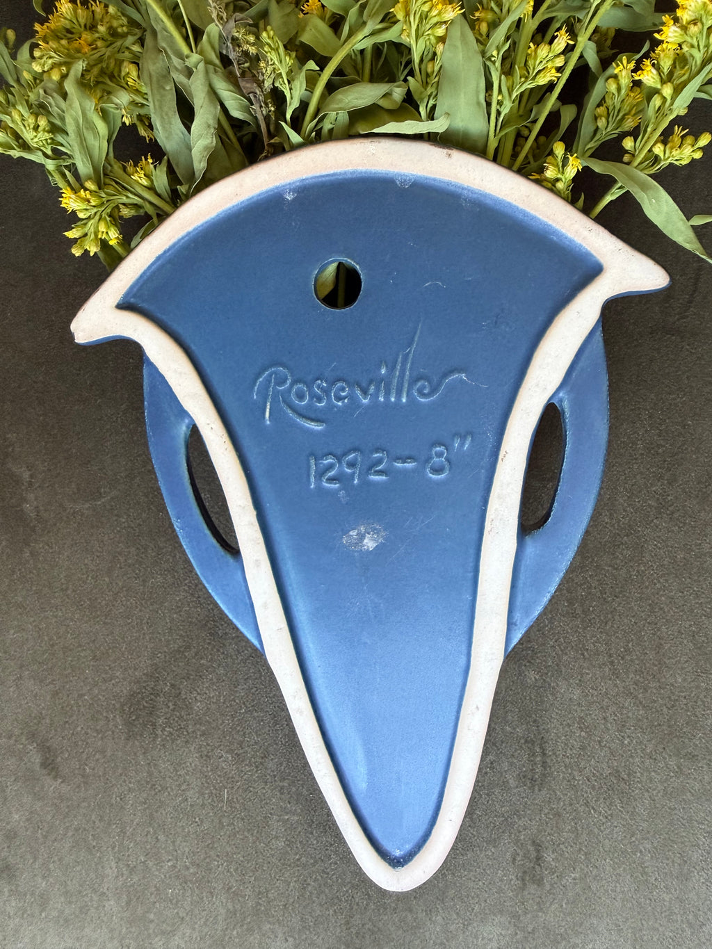 Vintage 1942 Roseville Pottery Foxglove Blue Wall Pocket Vase, 1292-8