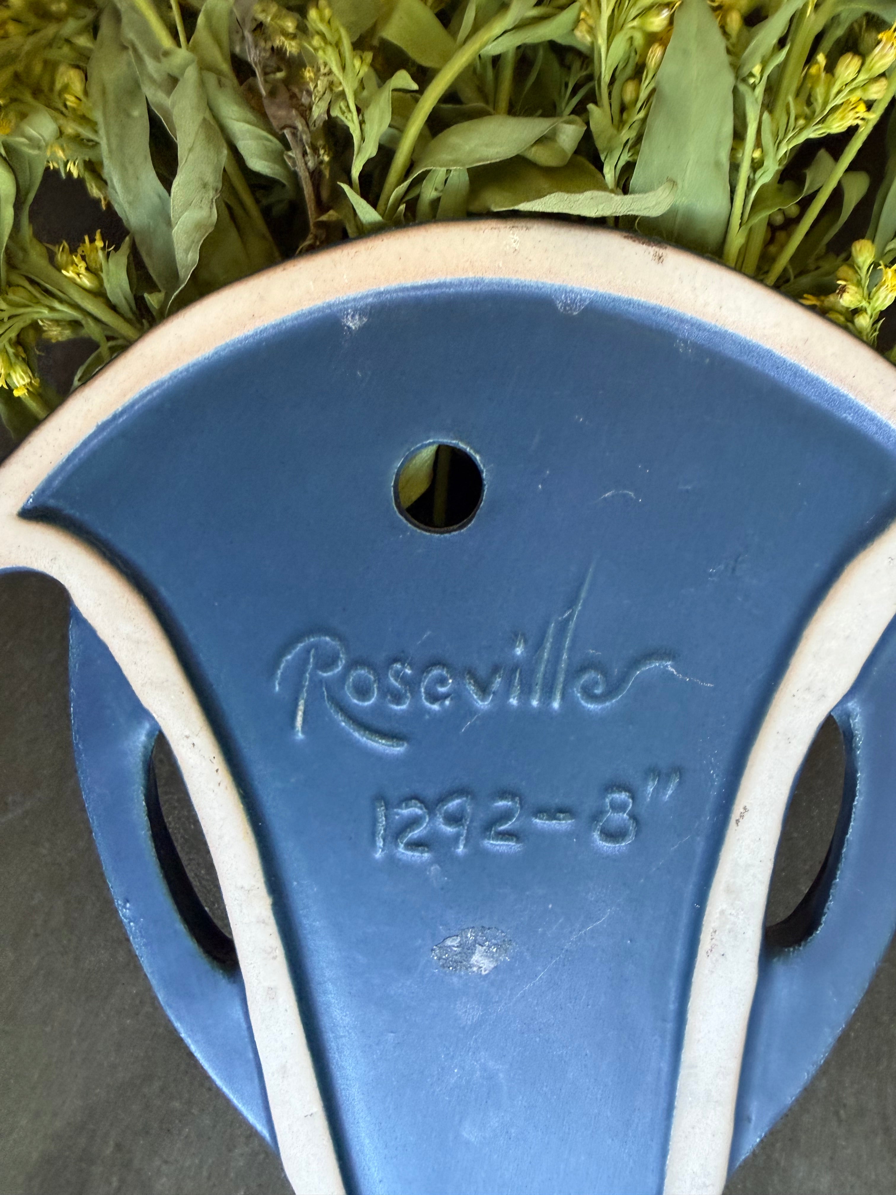 Vintage 1942 Roseville Pottery Foxglove Blue Wall Pocket Vase, 1292-8