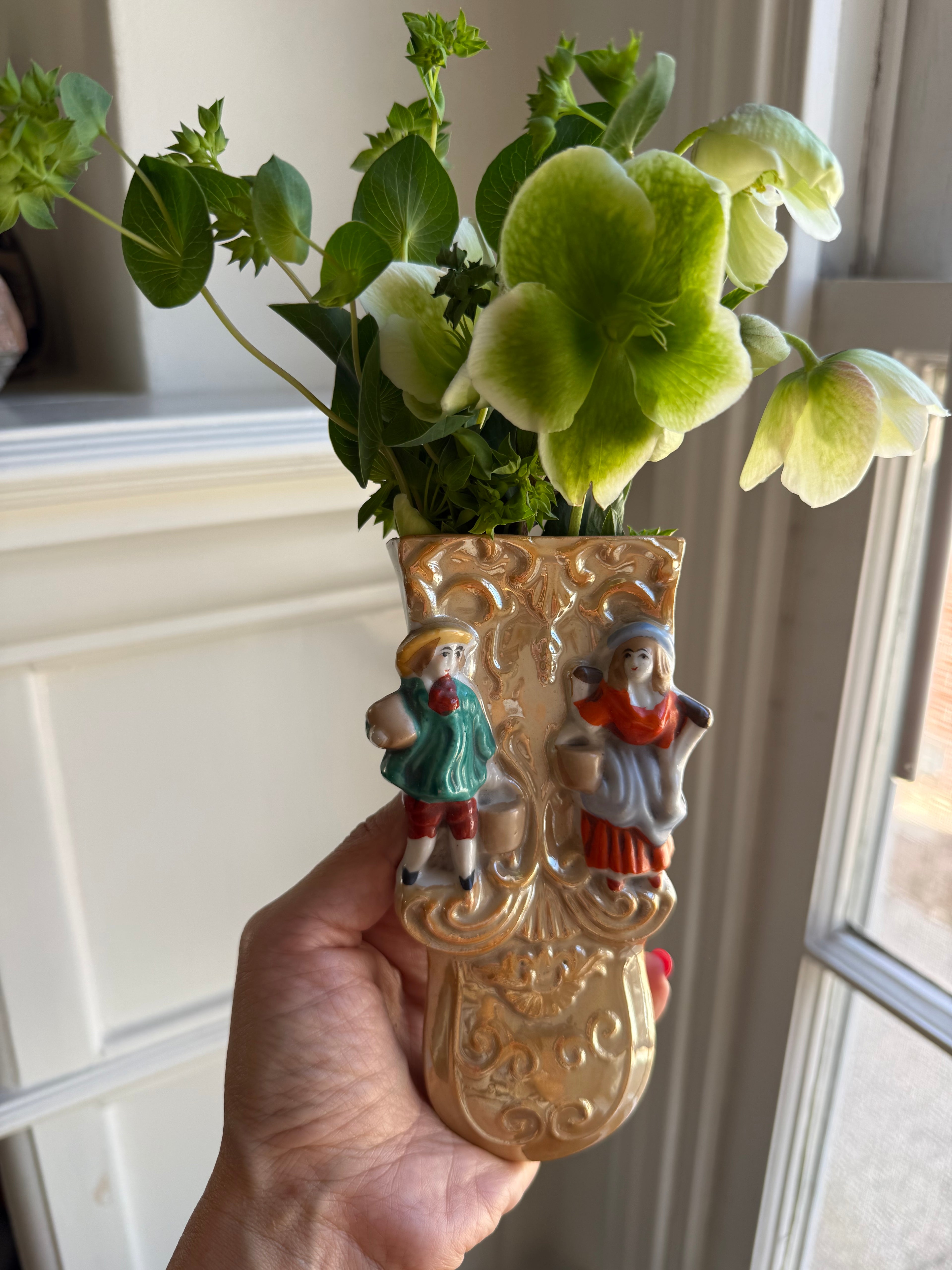Vintage Japanese Lusterware Figural Boy & Girl Wall Pocket Vase, Made in Japan, c. 1930s–1940s