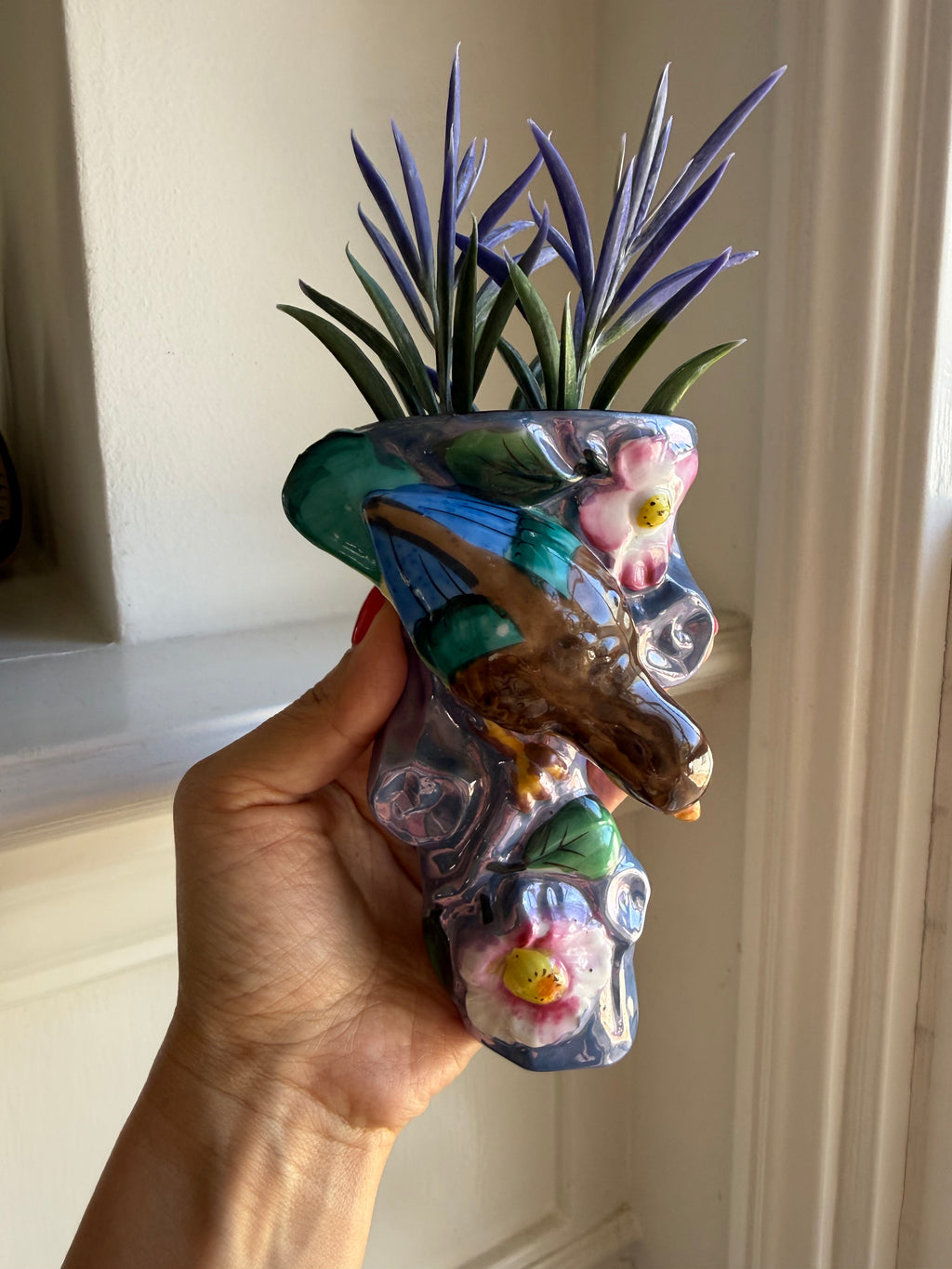 Antique Nippon Hand-Painted Bird & Floral Wall Pocket Vase, Cherry Blossom Mark, c. 1900–1921