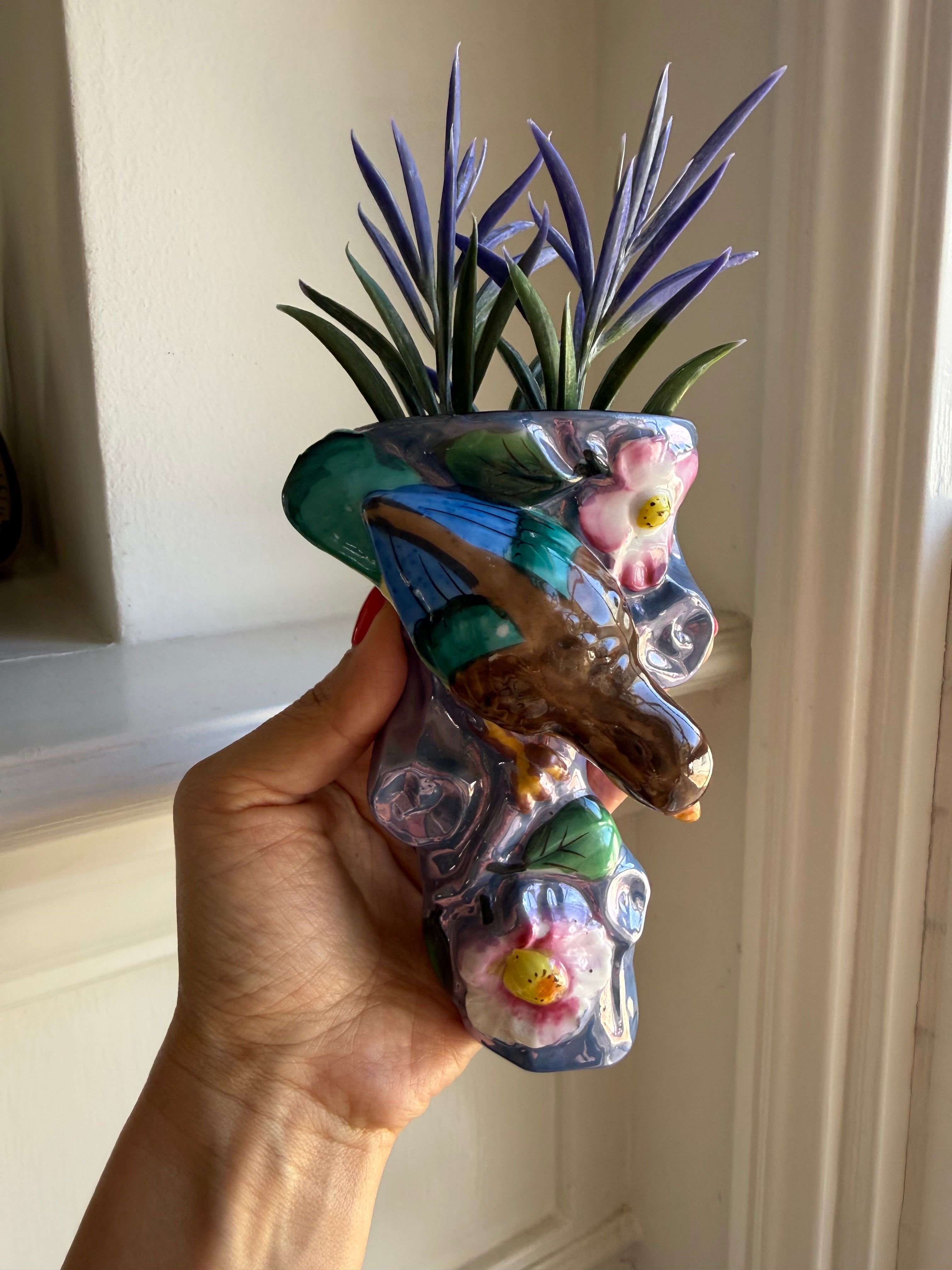 Antique Nippon Hand-Painted Bird & Floral Wall Pocket Vase, Cherry Blossom Mark, c. 1900–1921