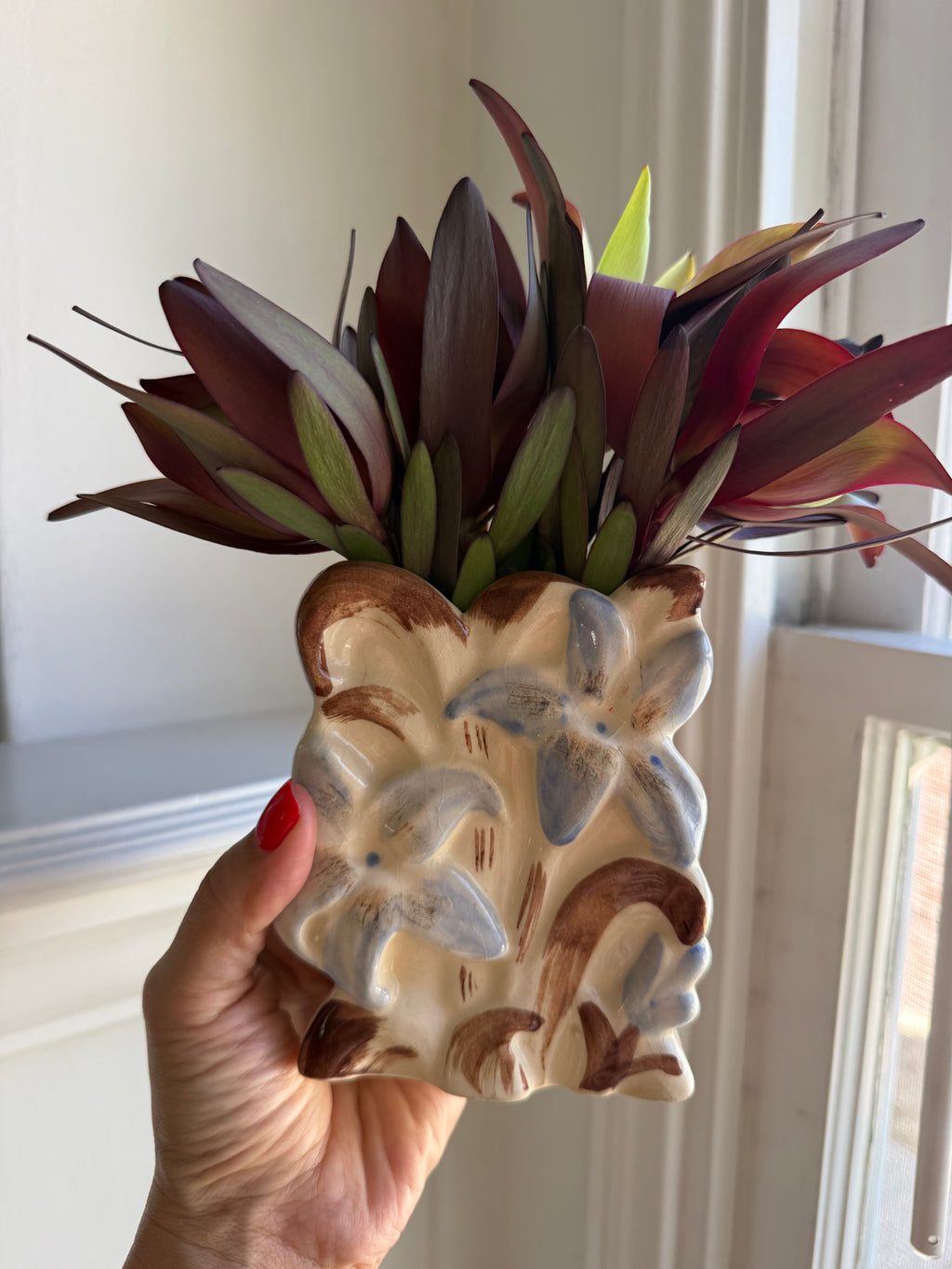 Floral Wall PocketVintage Mid-Century Ceramic Floral Wall Pocket Vase, Blue & Brown Raised Flowers